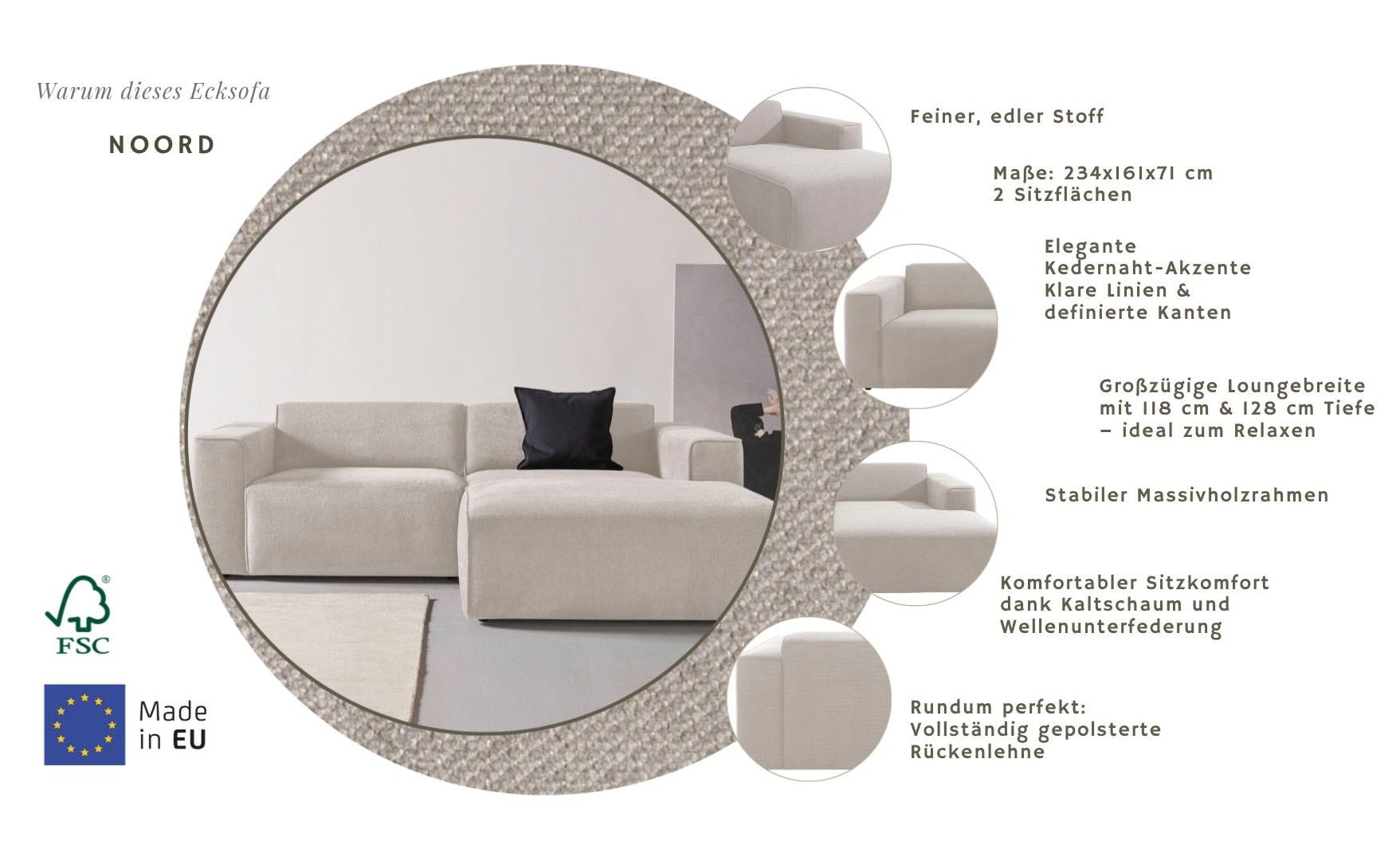 Home affaire Ecksofa »Noord mit Kedernaht, Breite 234 cm, L-Form« mit Kedernaht, Breite 234 cm, Cord, Struktur, Webstoff