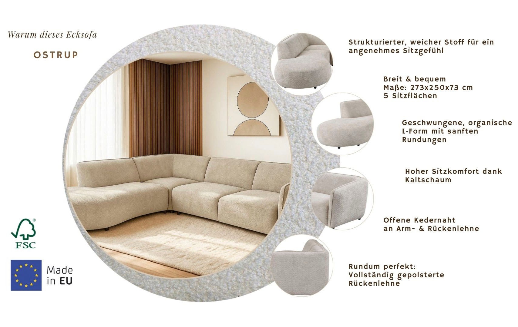 Home affaire Ecksofa »OSTRUP Rundsofa, L-Form, Naturtöne, Boucle« Breite 273 cm, organische Form mit sanften Rundungen