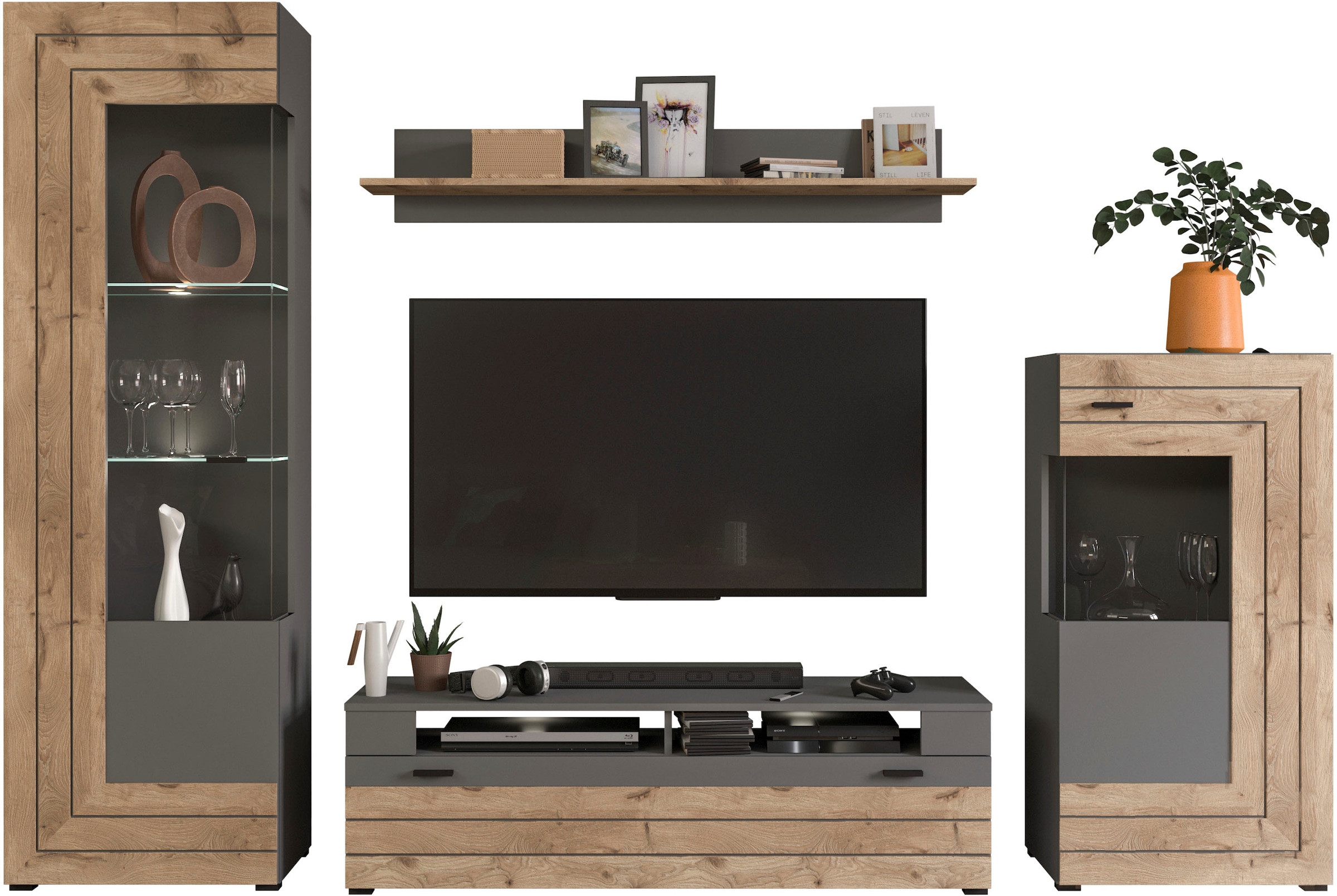 INOSIGN Wohnwand »Aalborg, Breite 290cm, 2-farbig,Metallgriffe, 4-teilig, bestehend aus:«, (4 St.), 1x Vitrine, 1x Lowboard, 1x Wandboard und 1x Stauraumschrank
