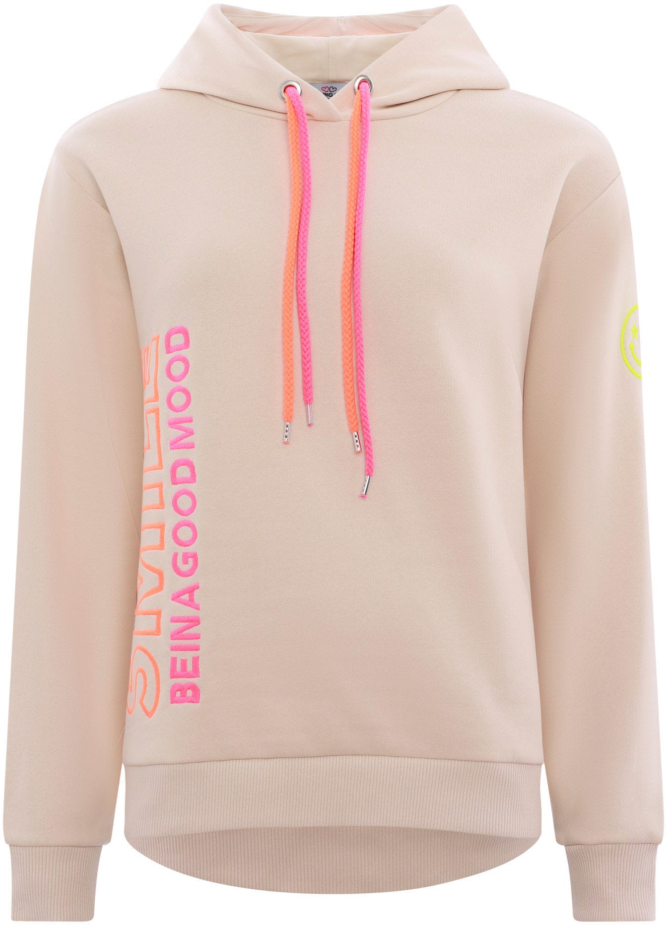 Zwillingsherz Sweatshirt, gestickter Schriftzug, Kapuze, Langarm, Kängurutasche, Neon-Details