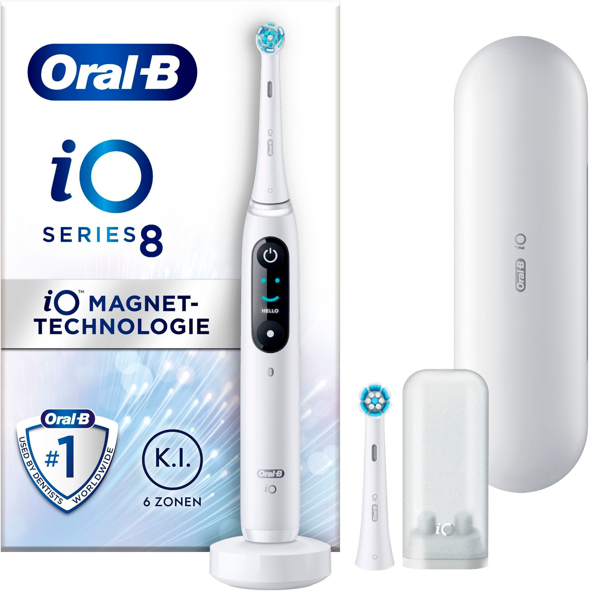 Oral-B Elektrische Zahnbürste "iO 8" 2 Stk. Aufsteckbürsten mit Magnet-Technologie, 6 Putzmodi, Farbdisplay & Reiseetui
