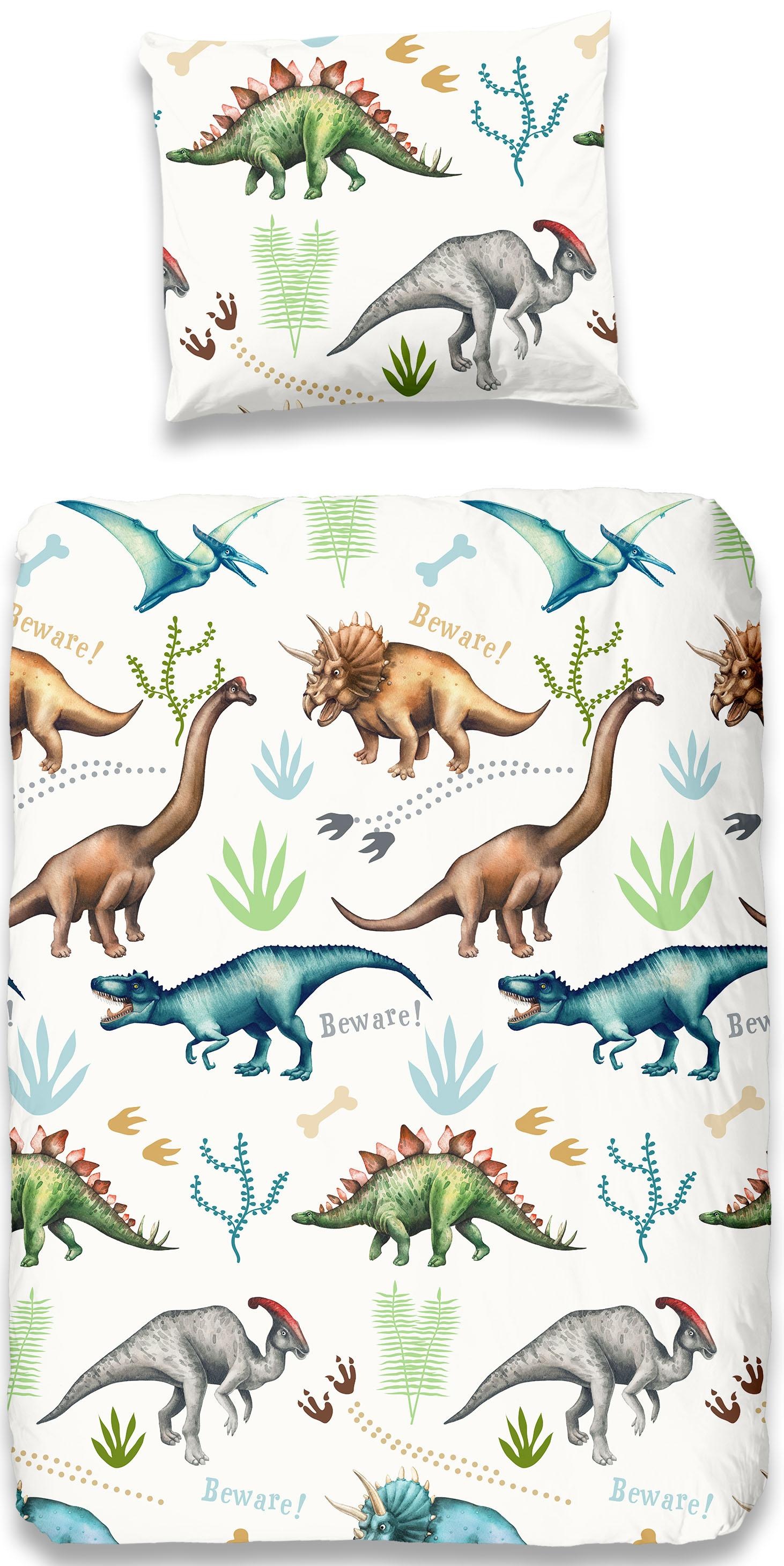 good morning Kinderbettwäsche »Dino«, Baumwolle, Renforcé, 135x200, Reißverschluss, Kind, Junge, Dino, Weiß