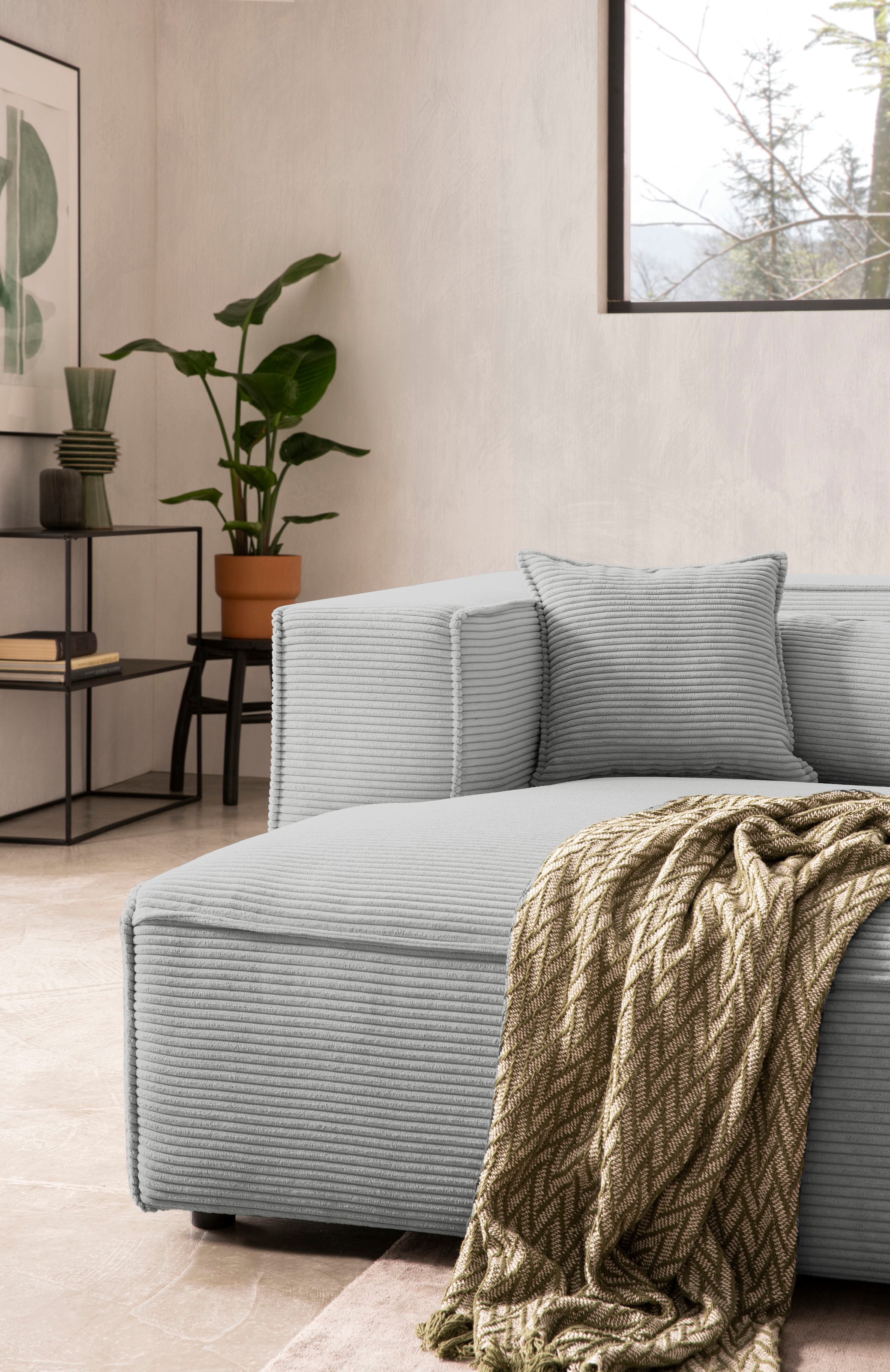 LeGer Home by Lena Gercke Ecksofa »PIARA mit Kedernaht in Cord oder Leinenoptik, moderne Couch in L-Form«, wahlweise Ottomane rechts/links, schwarze Füße, bequemer Sitzkomfort