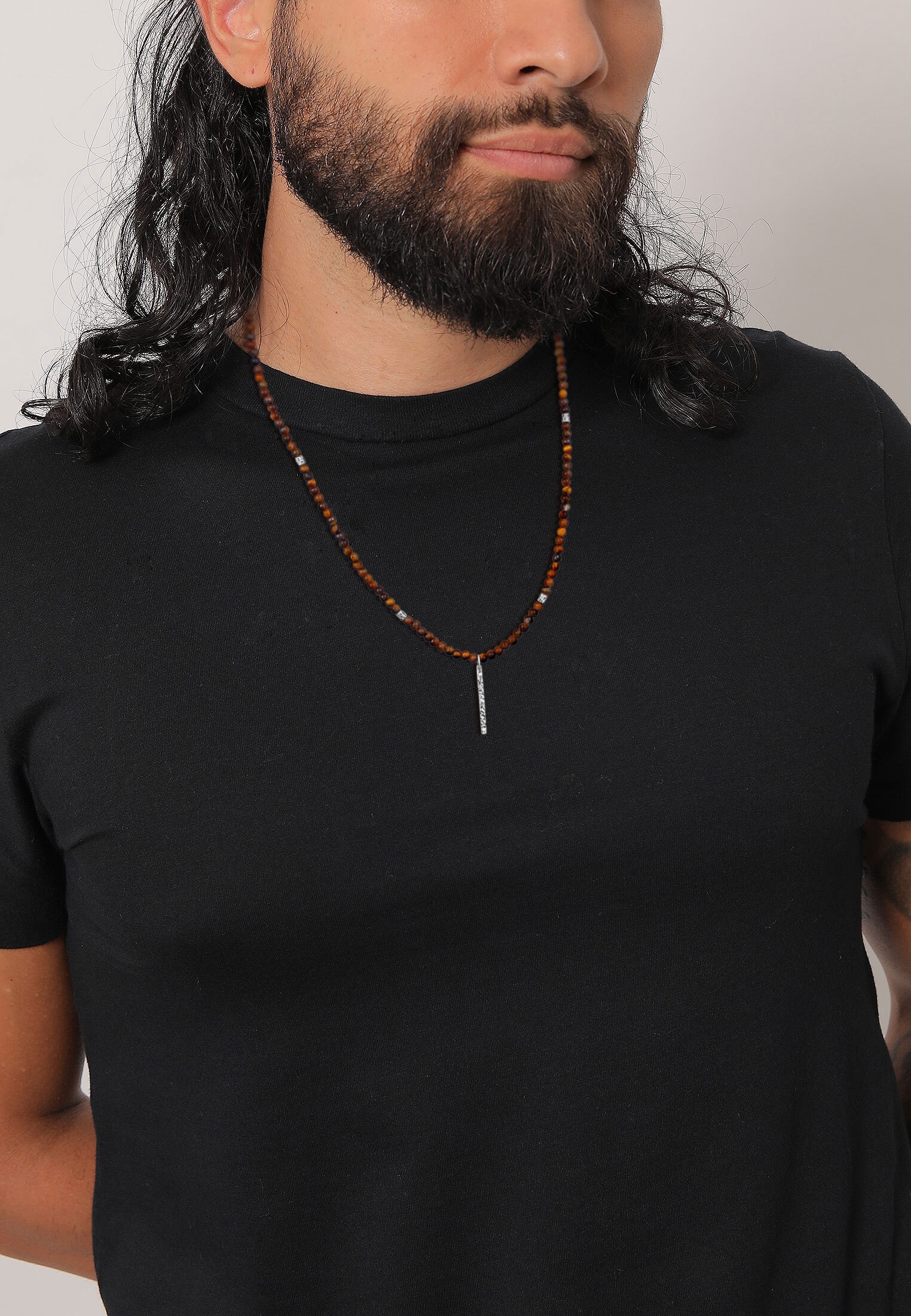 Kuzzoi Lange Kette »Halskette Tigerauge Perlen Bead Barren 925 Silber«