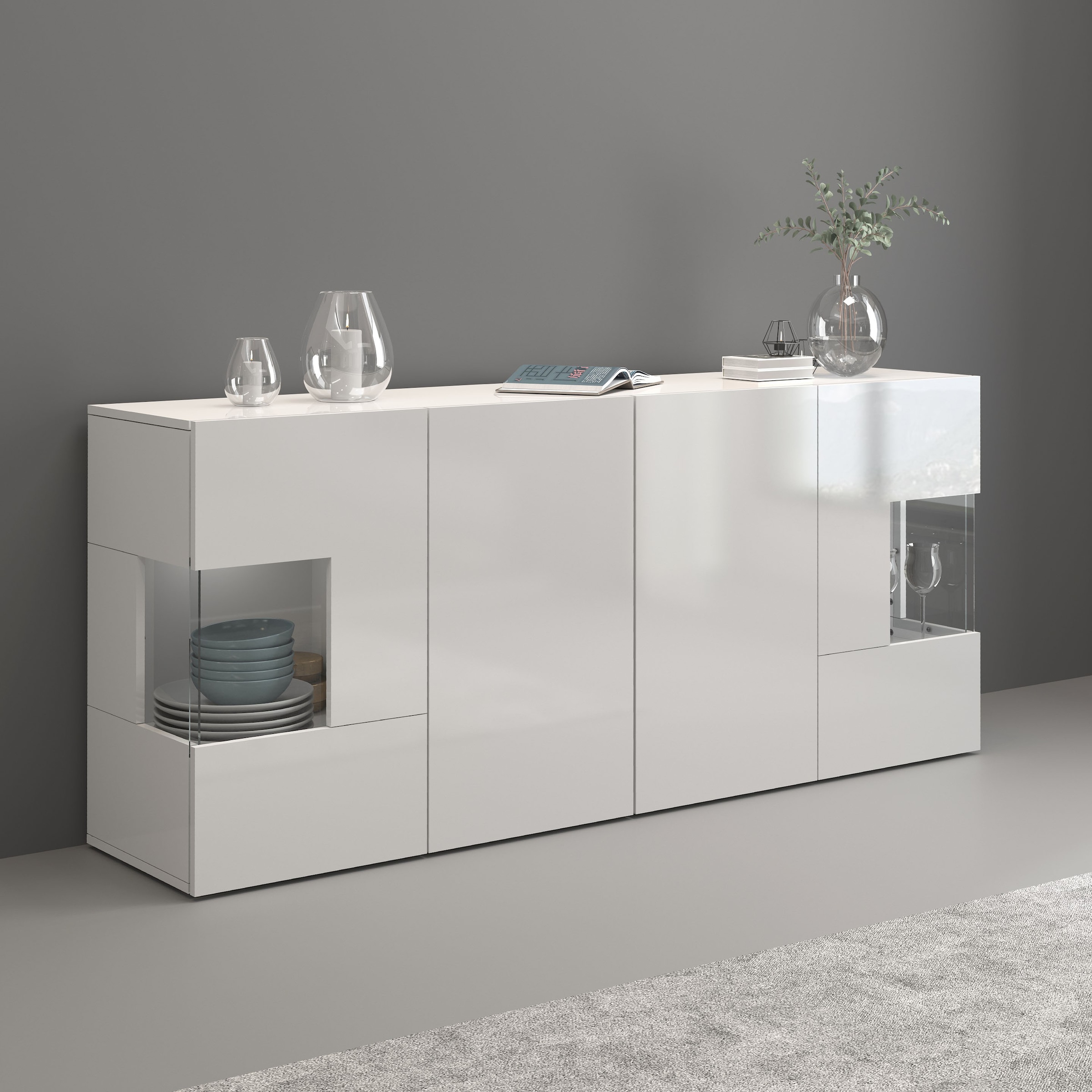 INOSIGN Sideboard »Egypt, Kommode, Schrank, Kredenz, Vitrine grifflos«, 4 Türen davon 2 mit Glaseinsatz, kompl. Hochglanz lackiert, Breite 180