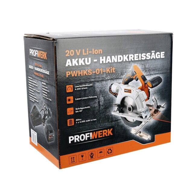 Profiwerk Akku-Handkreissäge »PWHKS-01-Kit 20V, 165 mm«, Schnittleistung  54/35 mm 90/45°, 4,0Ah Akku, Netzteil online kaufen | mit 3 Jahren XXL  Garantie