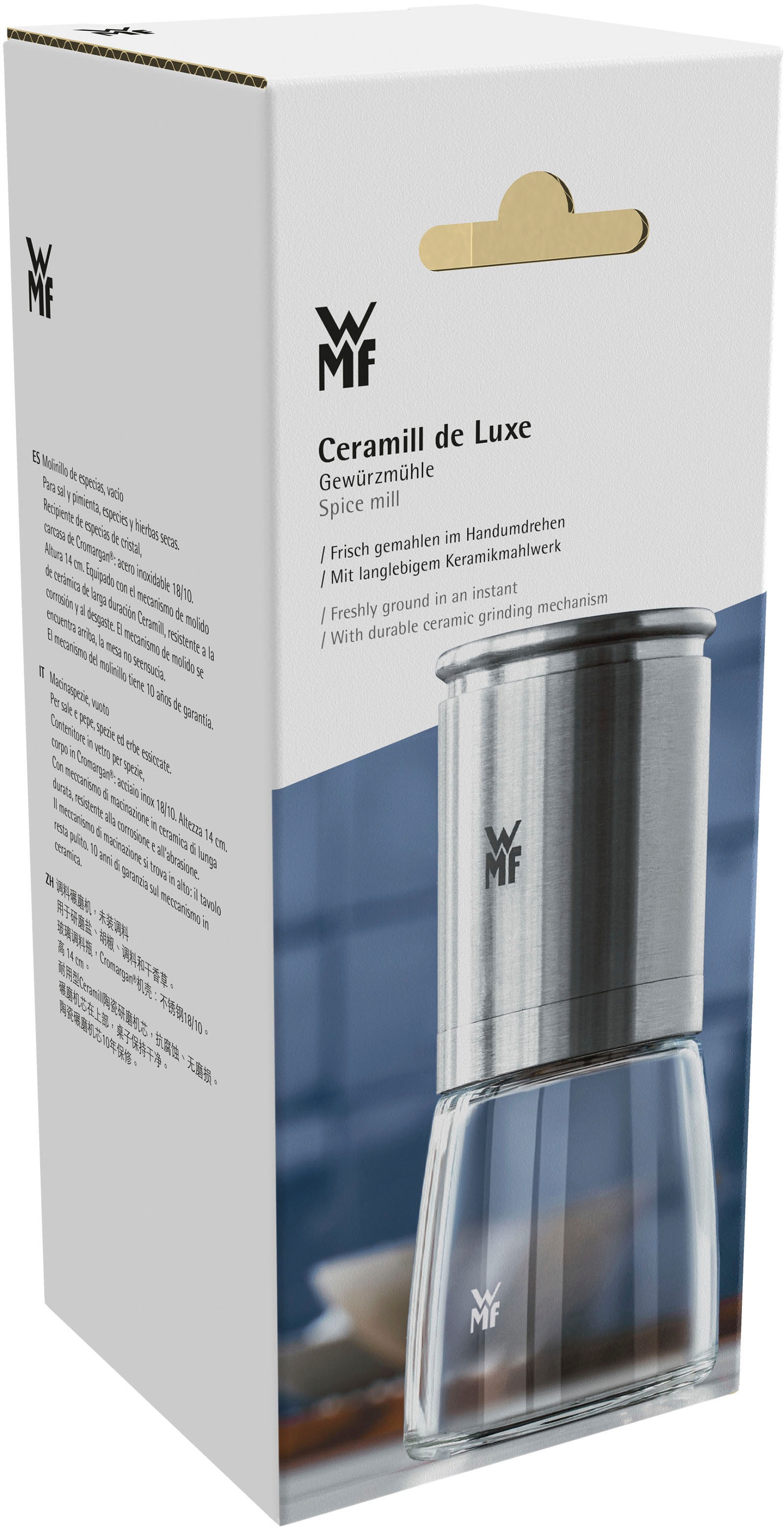 WMF Gewürzmühle »De Luxe«, (1 St.), Keramik-Mahlwerk, aromadicht, Mahlstärken-Einstellung, Cromargan