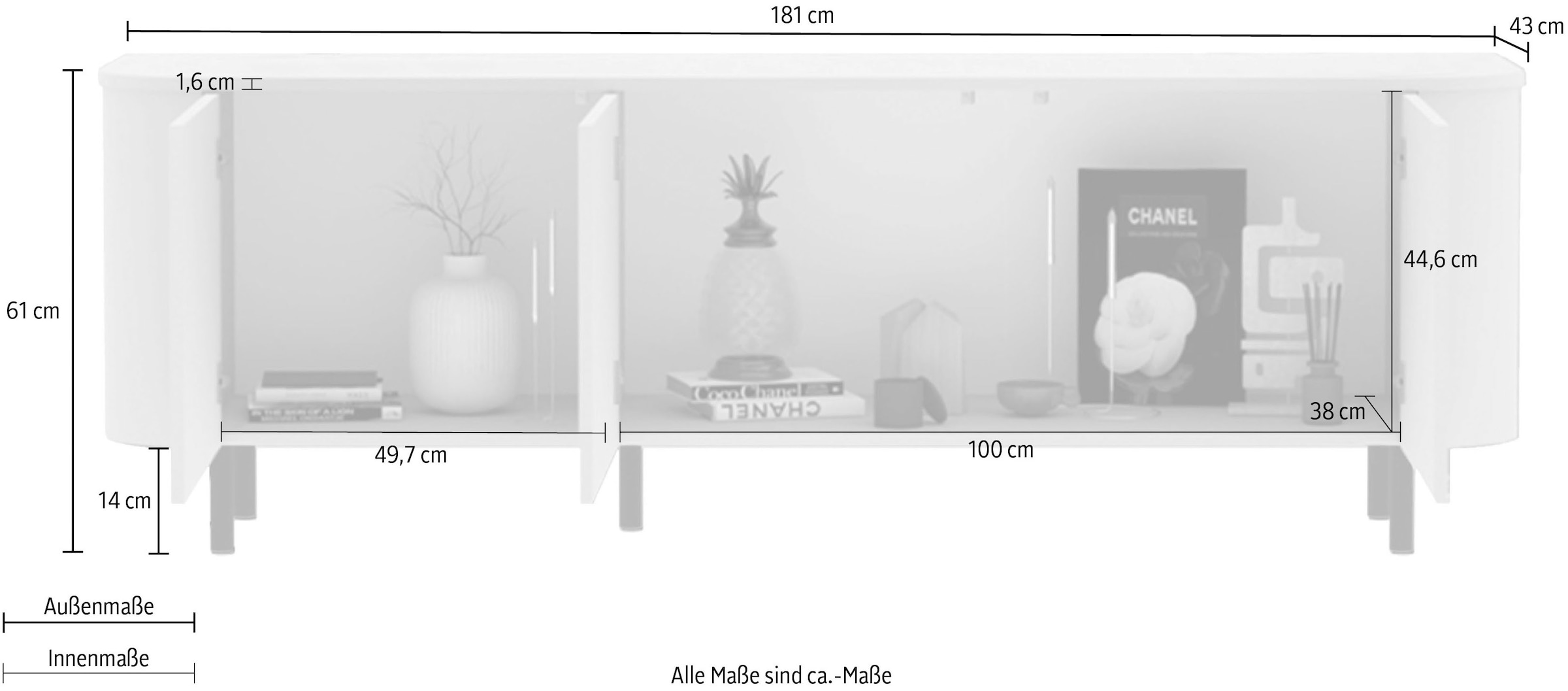 INOSIGN Lowboard »Lido, 181 cm breit, 3 Türen, TV-Schrank, TV-Kommode, Medienboard« Formgebogenes MDF, Stirnseiten mit Rundung, Push-to-open, Metallfüße