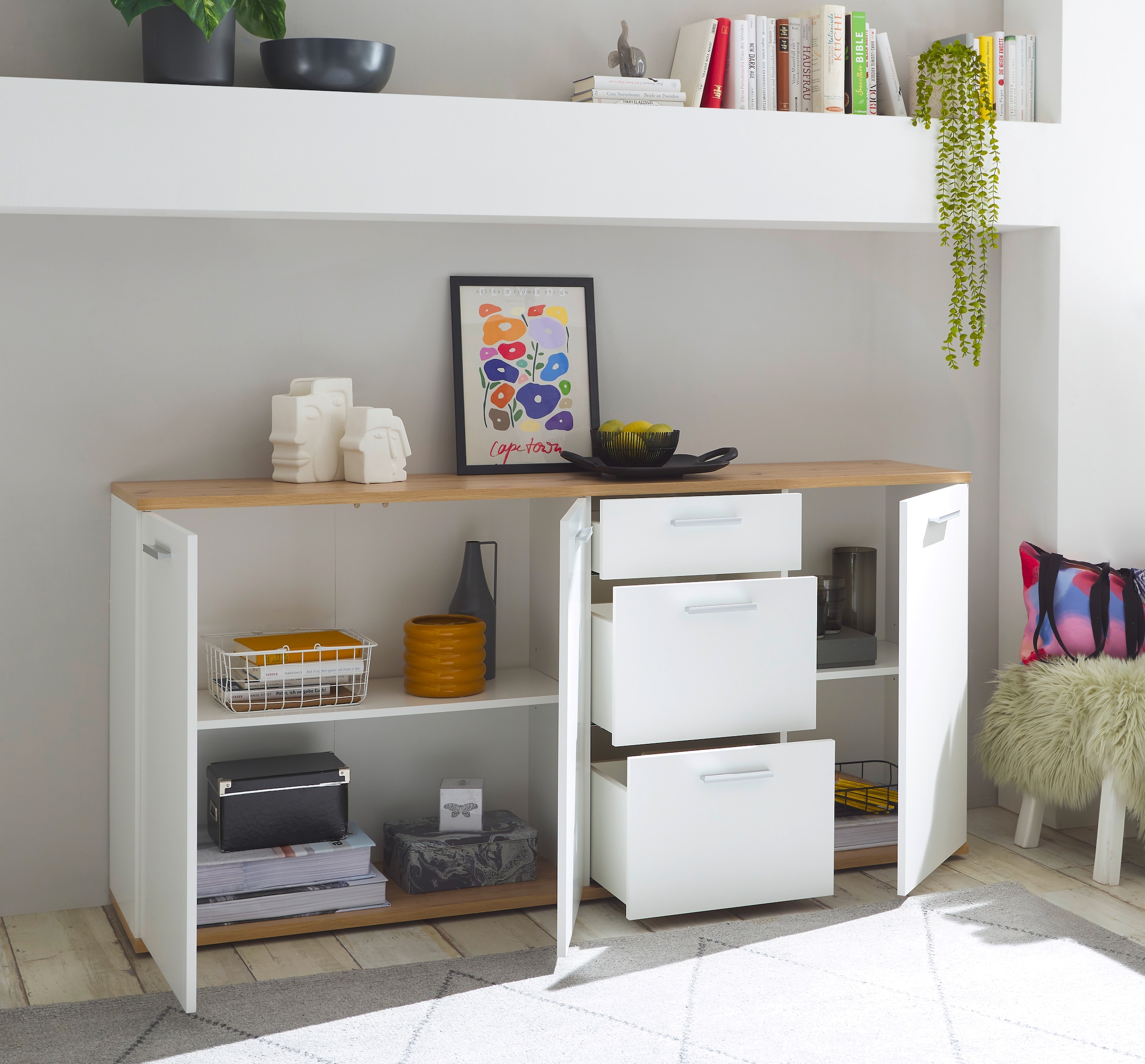 HBZ Kommode »BC1035 weiß matt, BxHxT 180x86x38 cm« Sideboard mit 3 Türen, 3 Schubkästen, 2 Einlegeböden