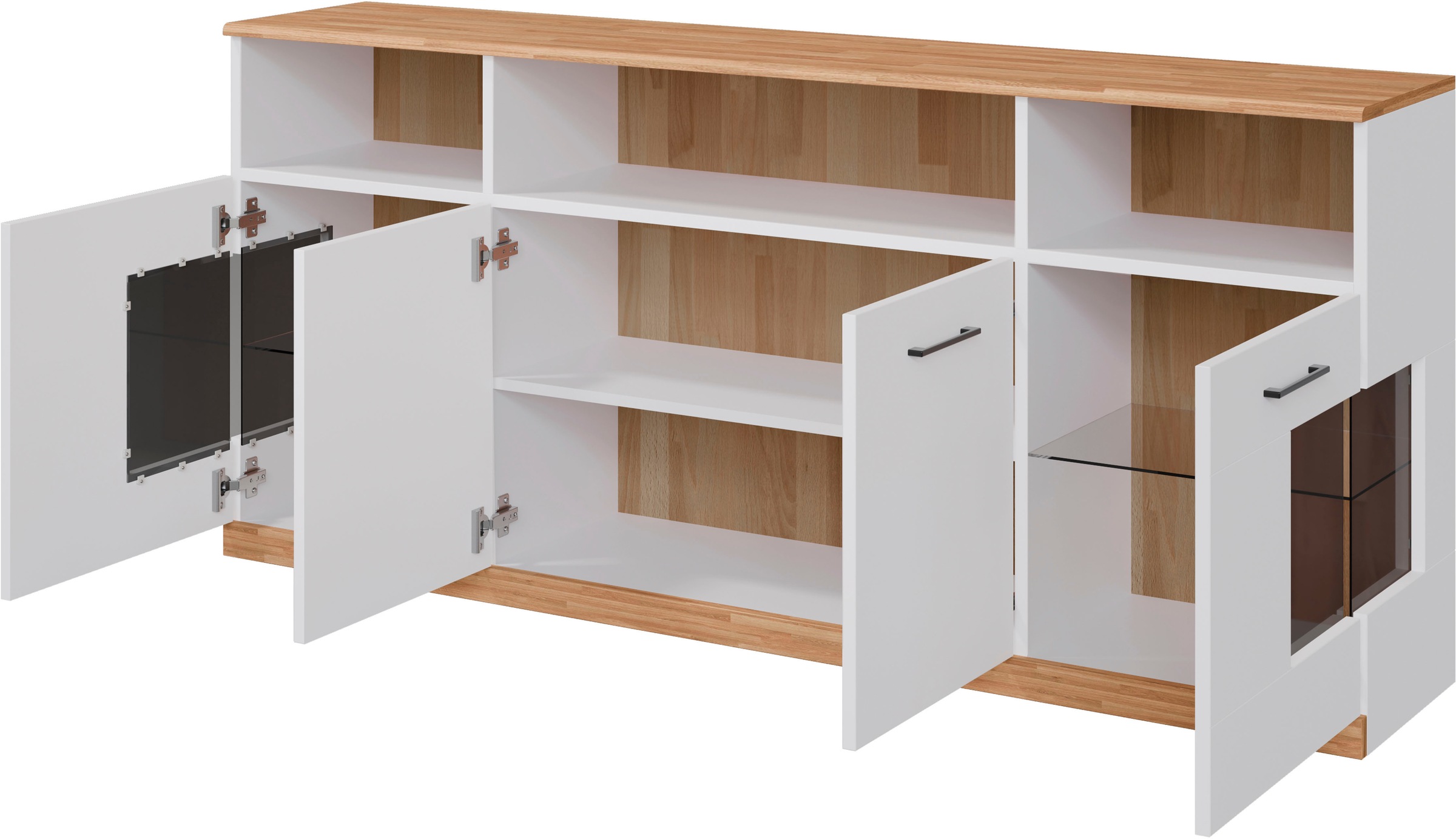 Home affaire Sideboard »Ribe,180cm breit,Oberplatte aus Massivholz, 9 Fächer«, Oberplatte Massivholz,schwarze Metall Griffe,2 Türen mit Glaseinsatz