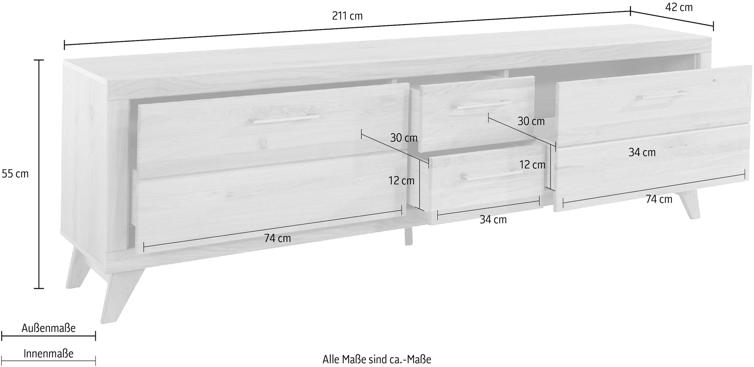 VOGL Möbelfabrik Lowboard »1237«, Massivholzfront, Breite ca. 211 cm, mit Softclose Funktion