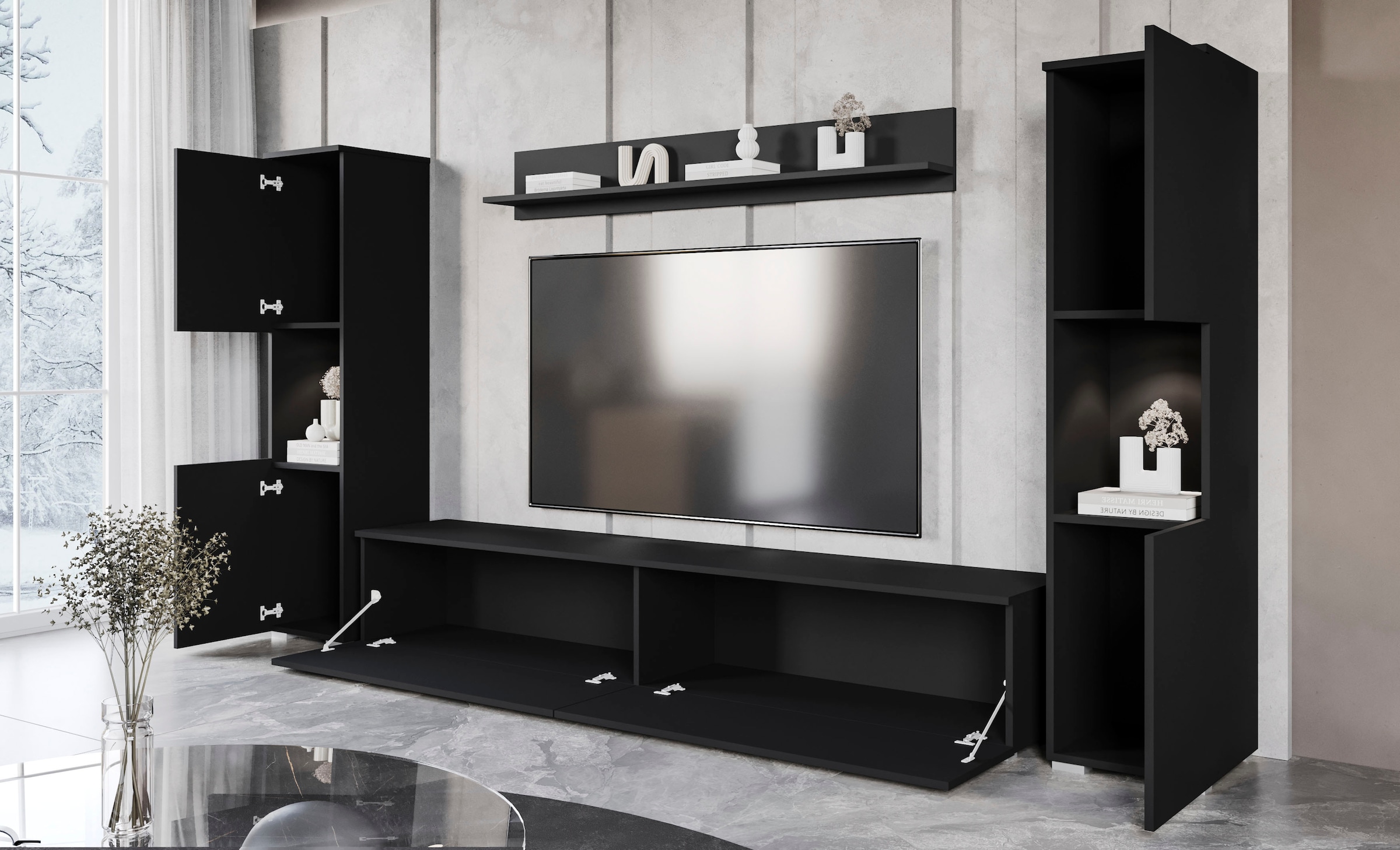 INOSIGN Wohnwand »PARIS, Vitrine Türanschlag links/rechts wechselbar«, (Komplett-Set, 4 St.), grifflose Design, stehend und hängend montierbar