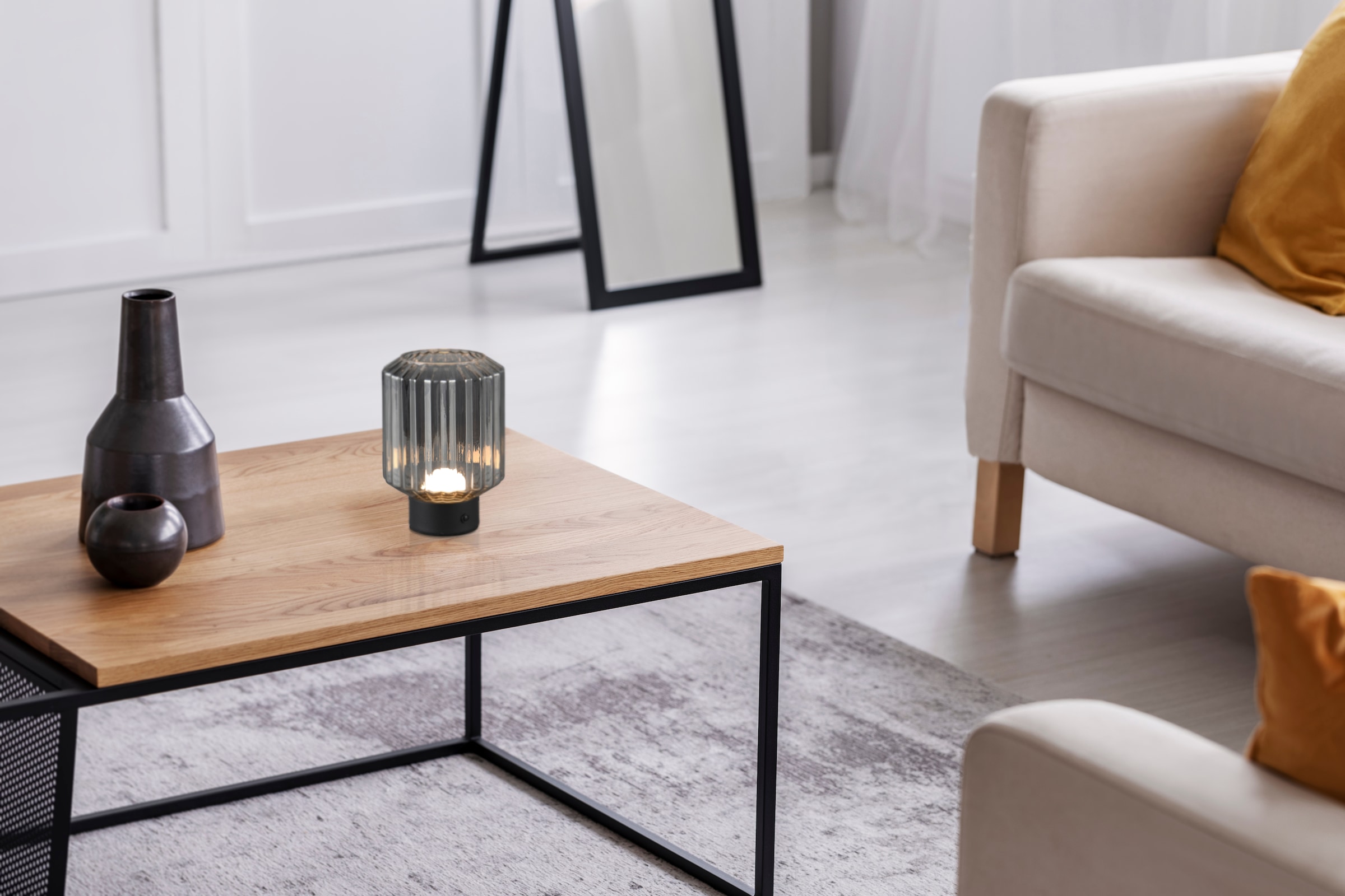REALITY Leuchten LED Tischleuchte »LORD«, 1 flammig, Leuchtmittel LED-Board | LED fest integriert, kabellose Akku Tischlampe, Glasschirm, USB-C Ladekabel, Touchdimmer
