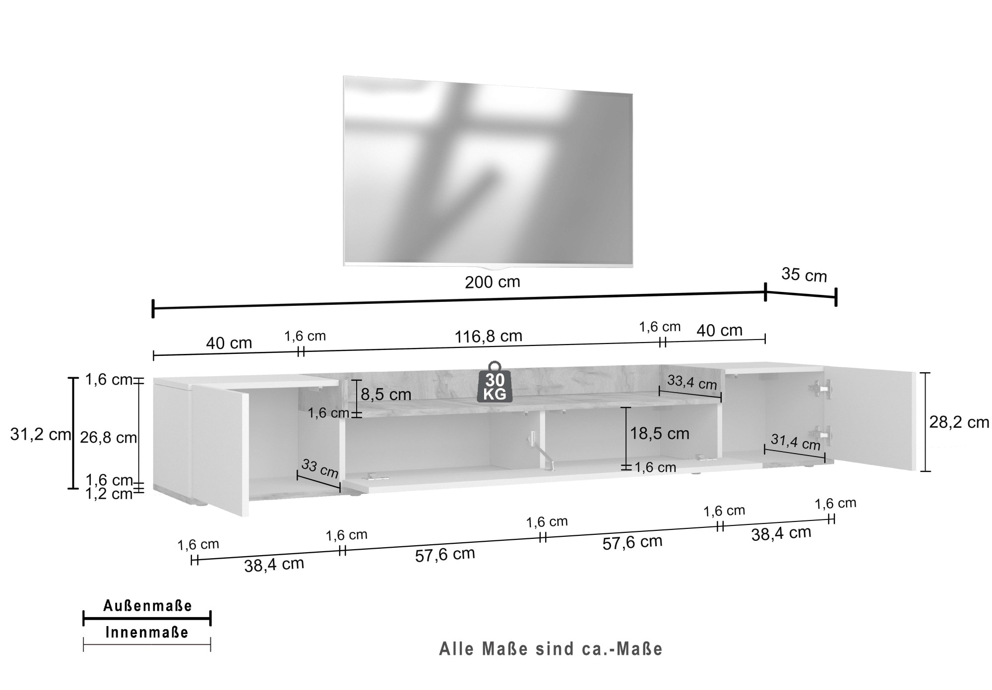 OTTO home Lowboard »BOLSENA,TV-Kommode, TV-Möbel,TV-Bank, 4 Fächer und offenes Ablagefach« 1 Stk. tlg. Breite 200 cm,stehend/hängend,Fronten Hochglanz lackiert,Made in Italy