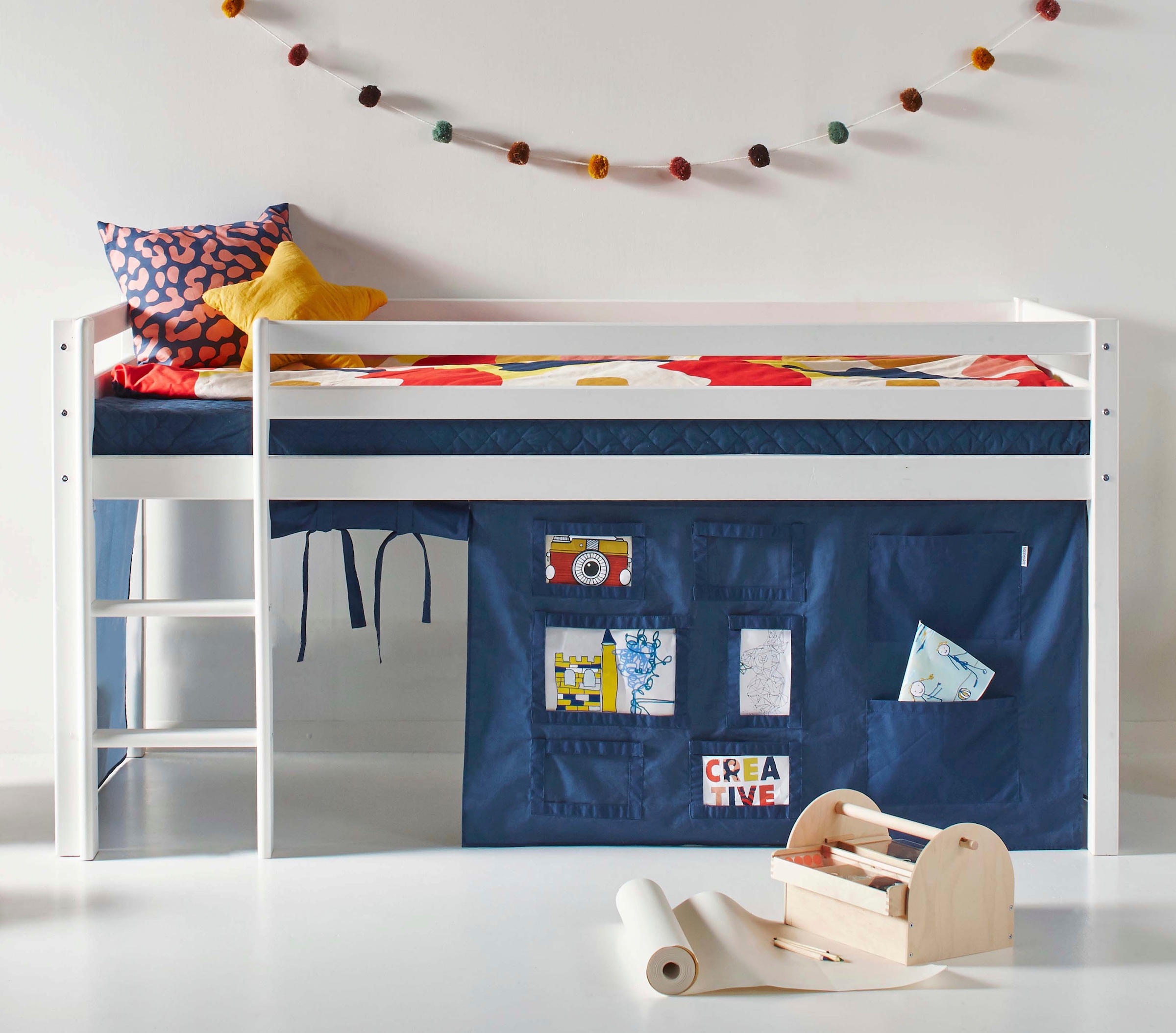 Hoppekids Hochbett »ECO Dream, Kinderbett, Spielbett, Halbhohes Bett aus Massivholz«, inkl. Vorhang-Set Creator, Bettgröße & Matratze wählbar