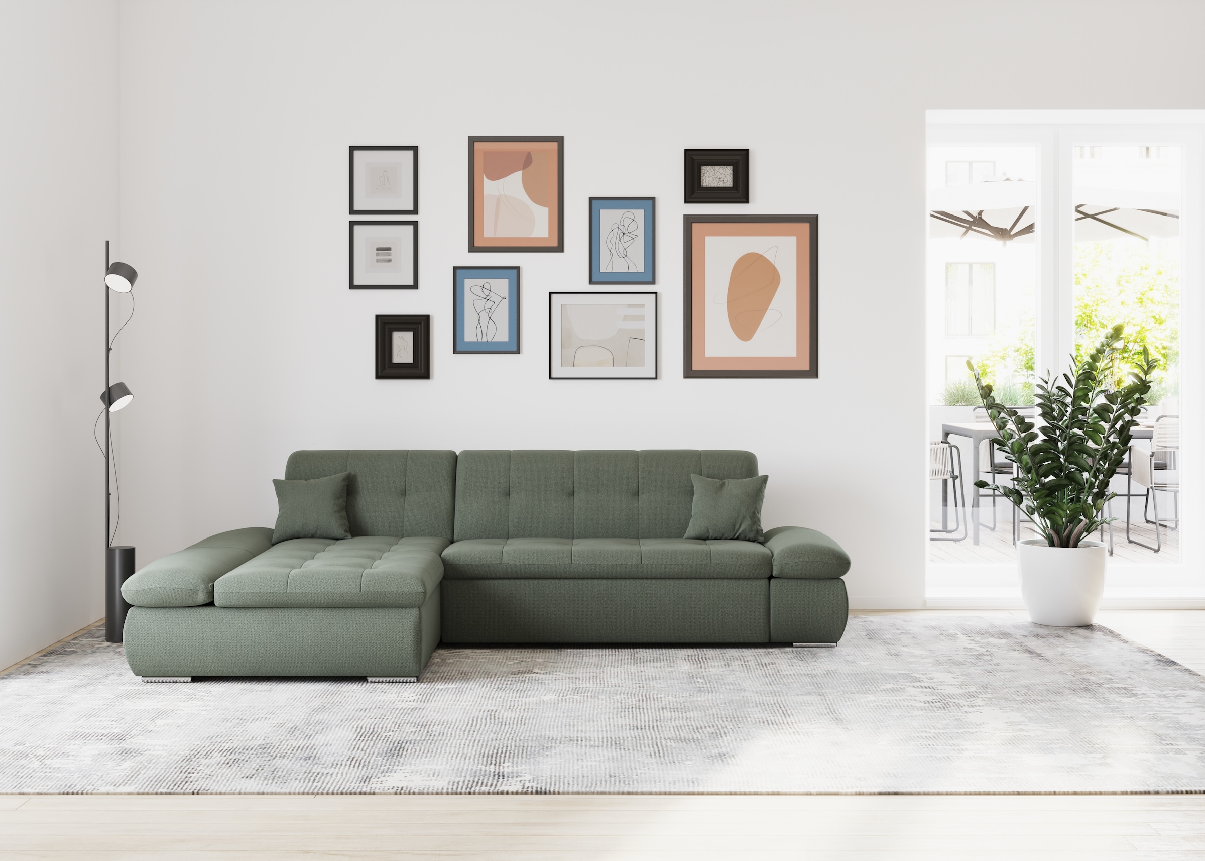 DOMO collection Ecksofa »Moric, L-Form, XXL-Sofa - Breite 300cm«, wahlweise mit Bettfunktion und Armteilverstellung, dunkelgrün