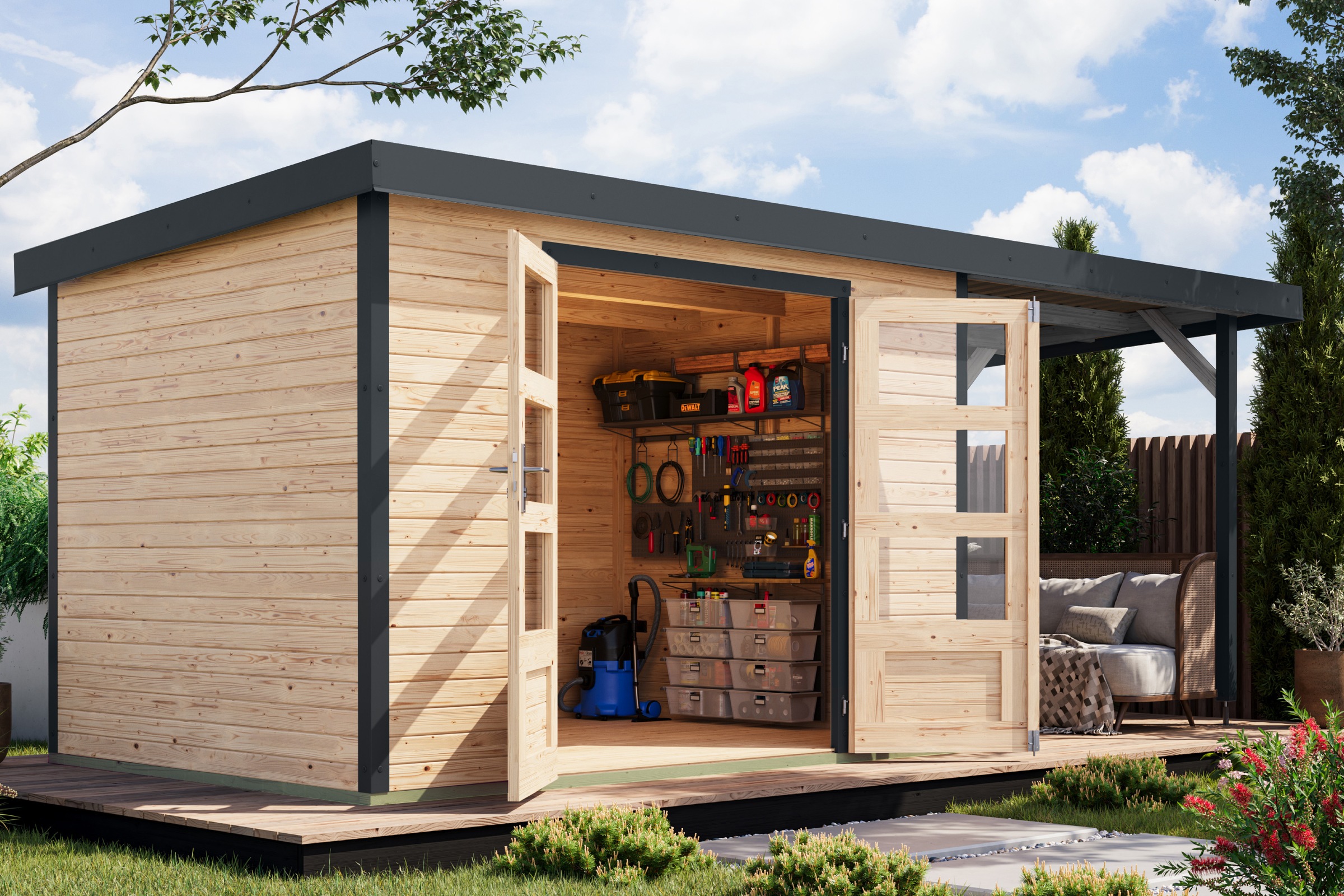 Karibu Gartenhaus »Jupiterino 4 SET, in verschiedenen Farben« inkl. Anbaudach