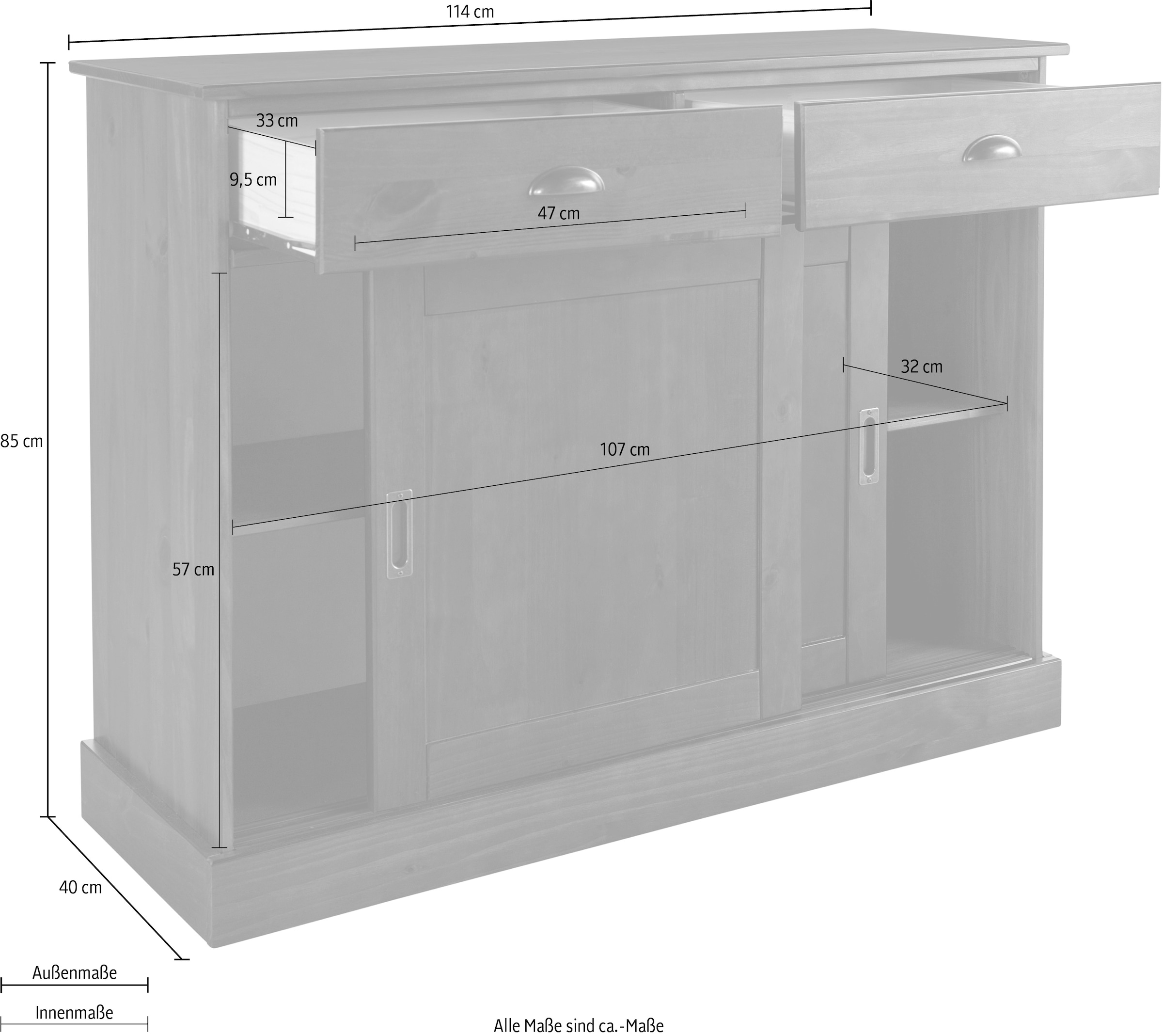 Home affaire Sideboard »Schröder«, Kommode, 2 Schiebetüren, 2 Schubkasten, aus massivem Kiefernholz