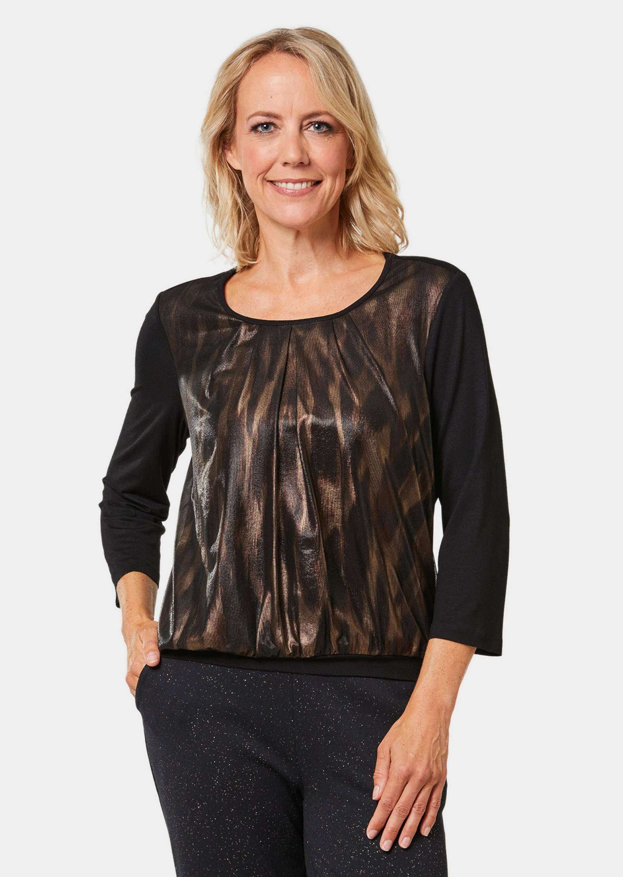 GOLDNER Kurzarmbluse »Kurzgröße Stretchbequemes Blusenshirt mit schimmerndem Druck«