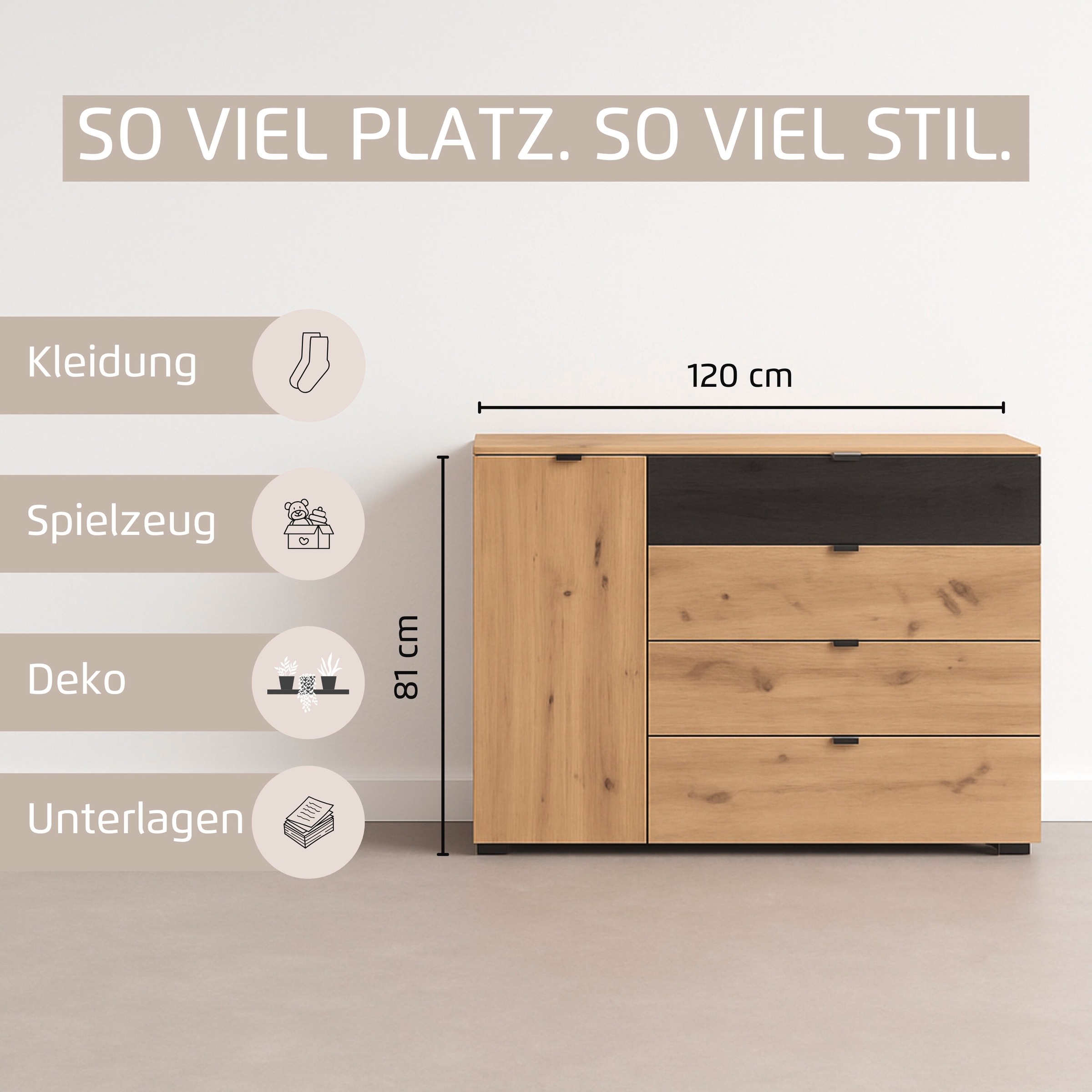 rauch Kombikommode »Sideboard Kombikommode Schubladenkommode APOLLON« Breite 120 cm, Höhe 81 cm,  1 Tür, 4 breite Schubladen, Einlegeböden verstellbar MADE IN GERMANY