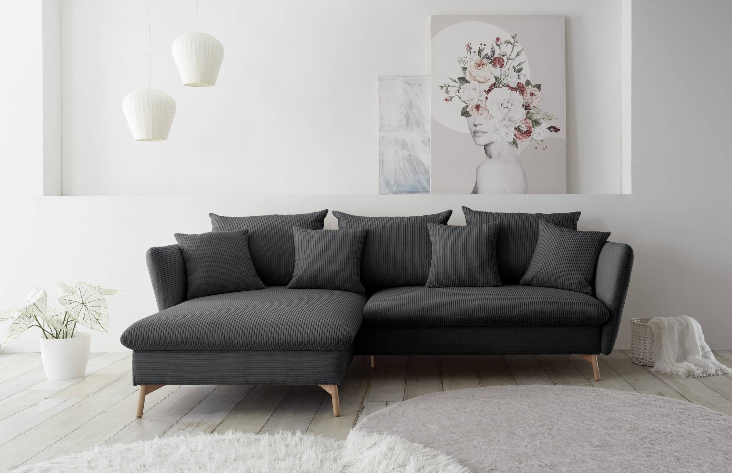 OTTO home Ecksofa »MERLE, 258 cm, L-Form, traumhafter Cord,« mit Bettfunktion und Bettkasten, Liegefläche 224 x 139