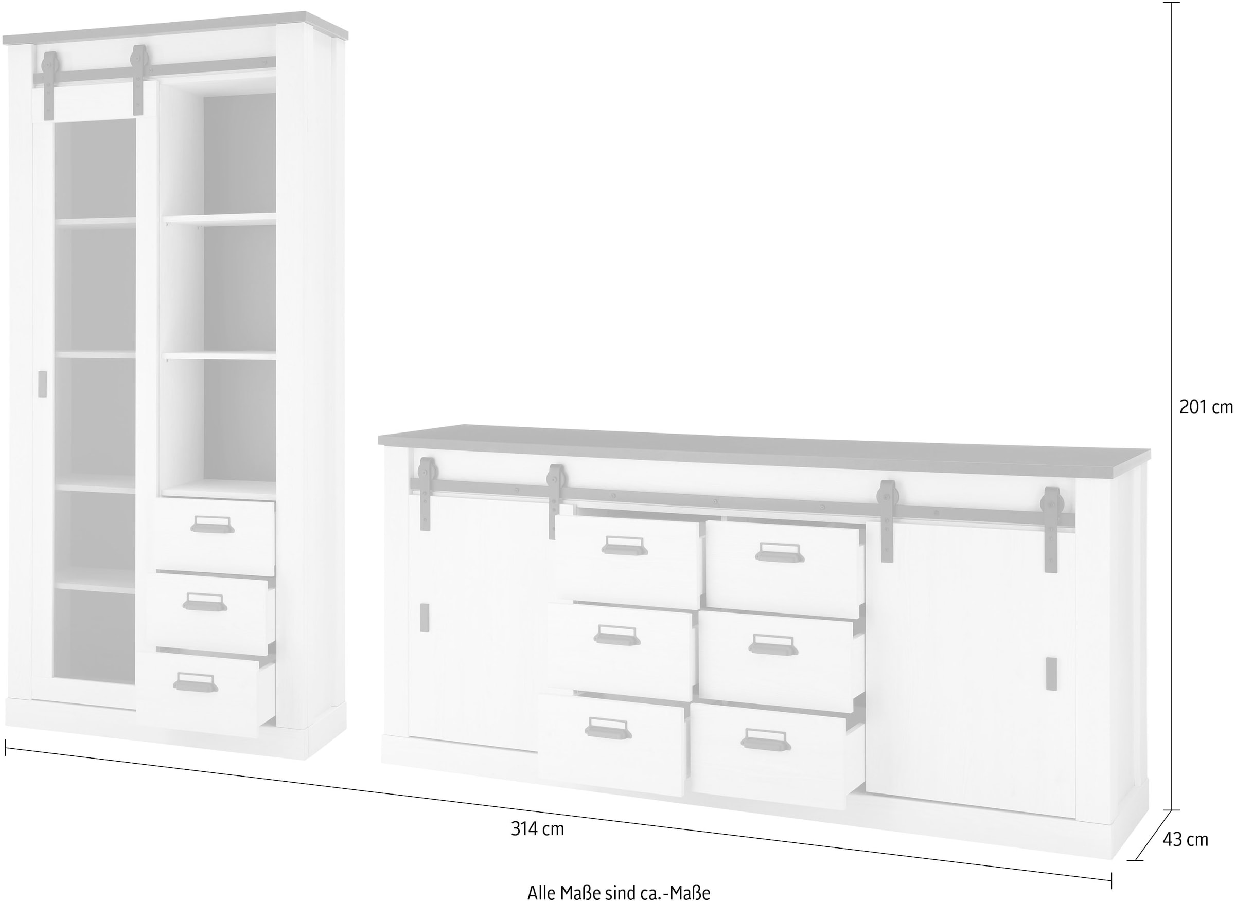 Home affaire Wohnwand »SHERWOOD«, (2 St.), Scheunentorbeschlag und Apothekergriffe aus Metall, Höhe 201 cm