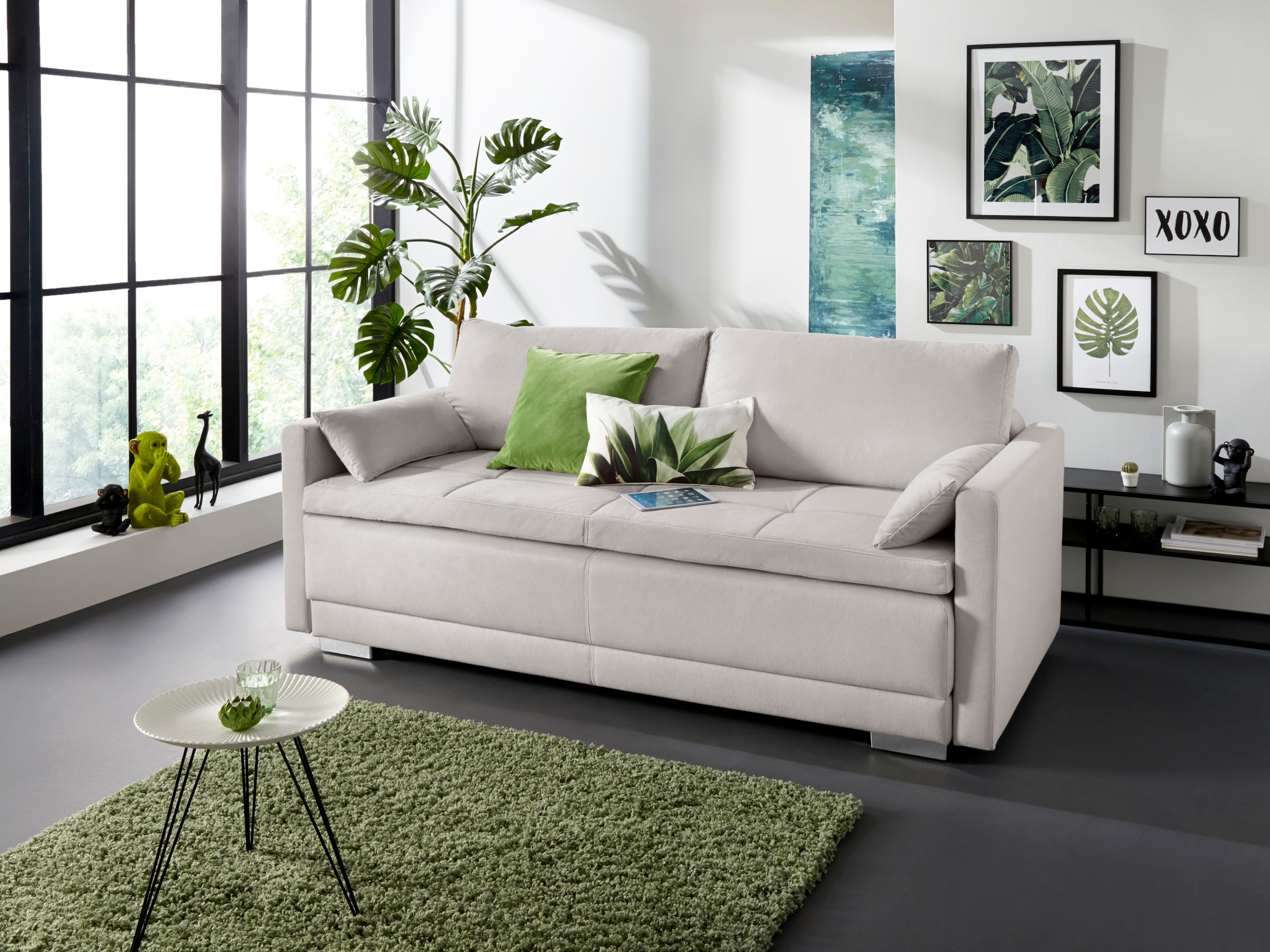 OTTO home Schlafsofa "Berlin, B: 218 cm, Liegel. 160x198 cm, Boxspring" Dauerschlafsofa mit Boxspring inklusive 2 Zierkissen & Bettkasten