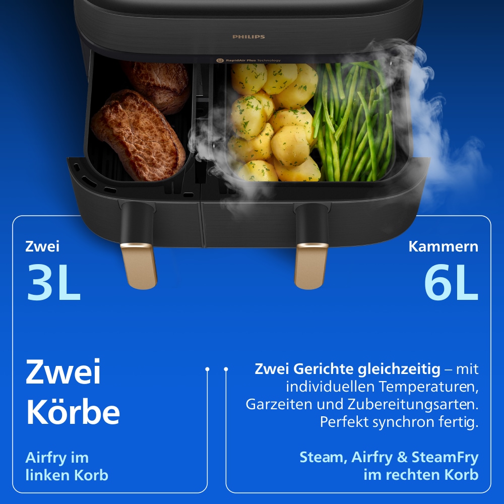Philips Heißluftfritteuse »NA555/00 Steam Airfryer 5000 Series Dual Basket, 9L Kapazität (3L+6L)« 2750 W mit Dampfgar-Funktion; Silber/Edelstahl
