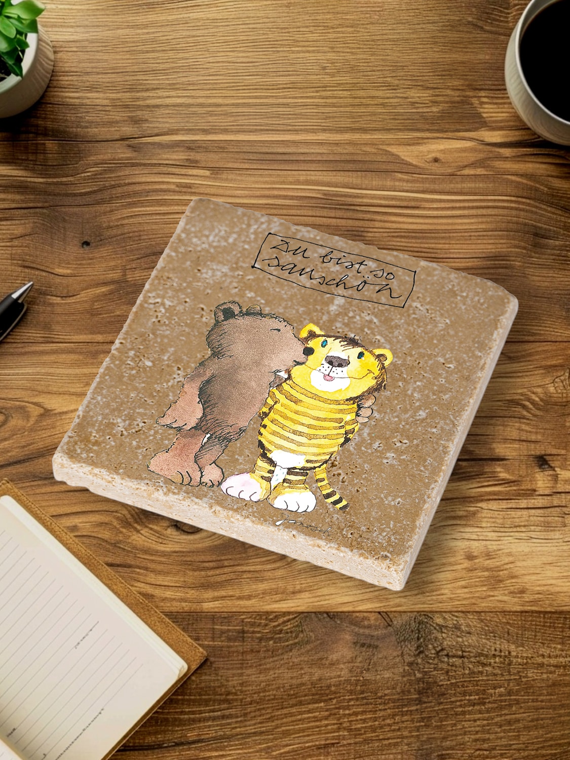 LuckyLinde Getränkeuntersetzer »Der kleine Bär und der Tiger«, (Set, 4 tlg.), Janosch Set Topfuntersetzer Naturstein Untersetzer 10x10x1cm