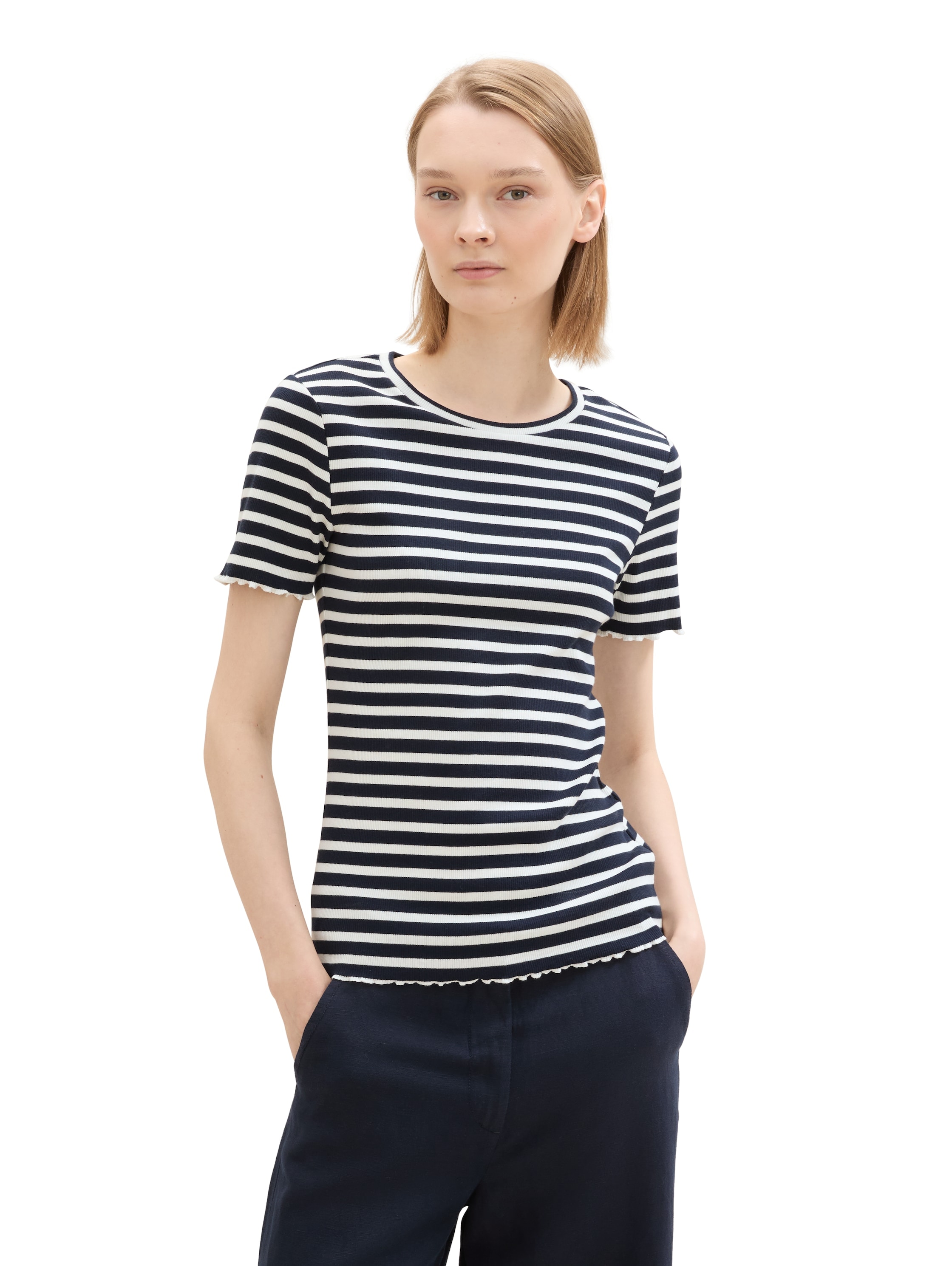 TOM TAILOR Denim T-Shirt, (Packung, 2 tlg.), im Doppelpack mit Rippstruktur und gekräuselten Kanten