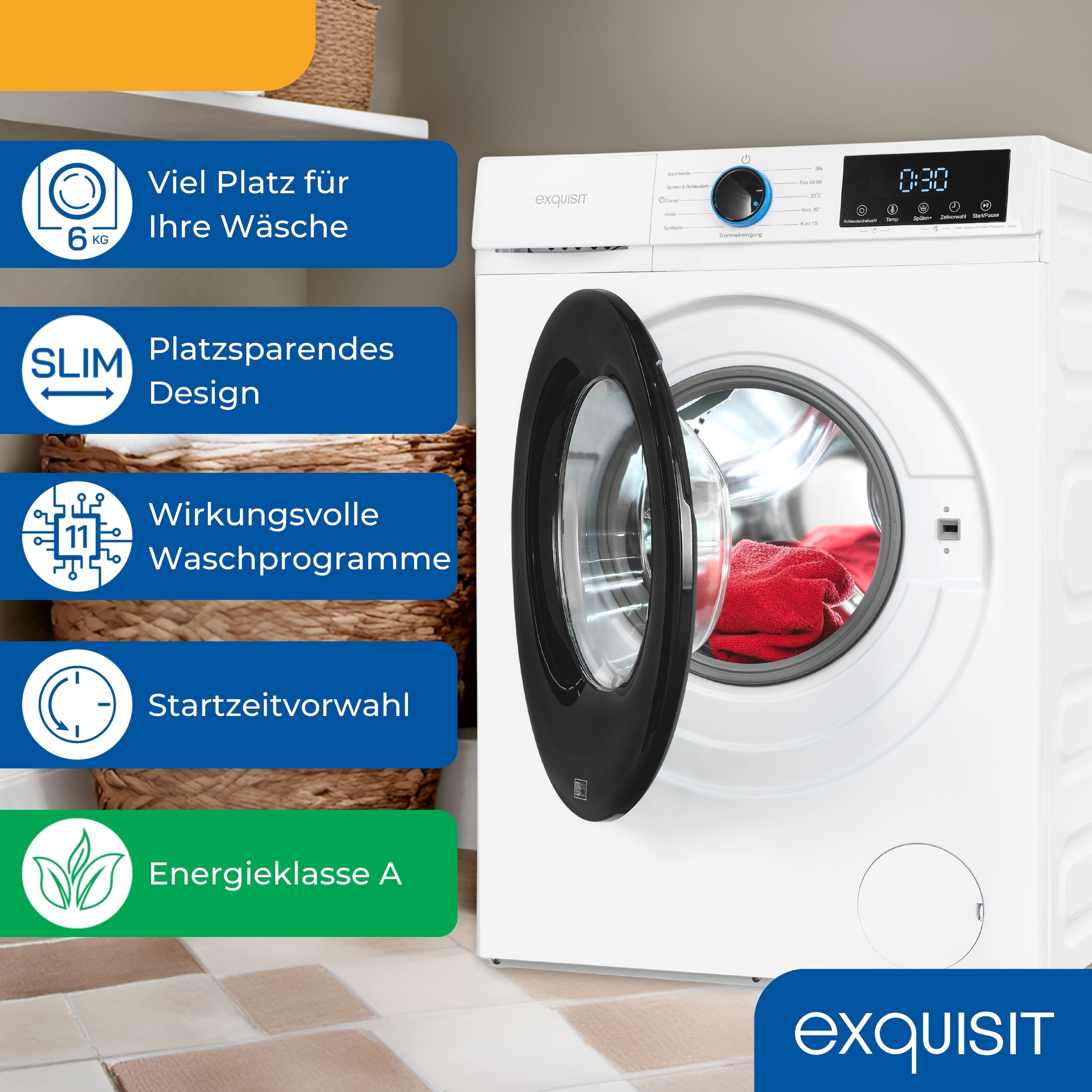 exquisit Waschmaschine »WA6312-371A weiss« Digitales Display, leicht zu reinigende Einspülkammer