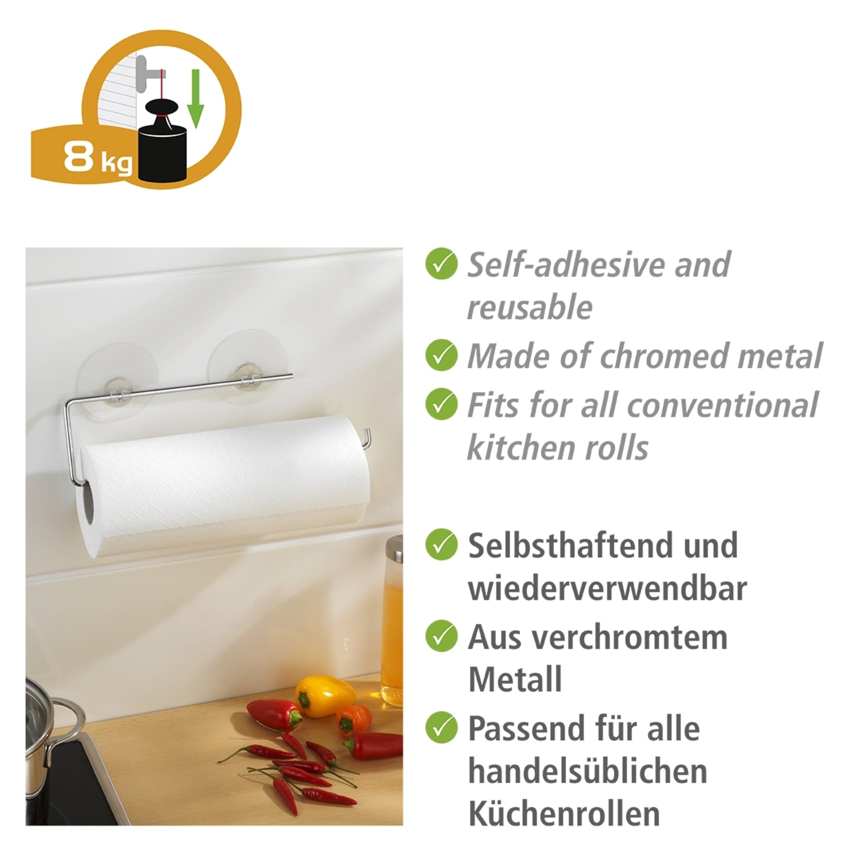WENKO Wandrollenhalter »Modell Static-Loc®«, Küchenrollenhalter aus verchromtem Metall, Befestigen ohne Bohren