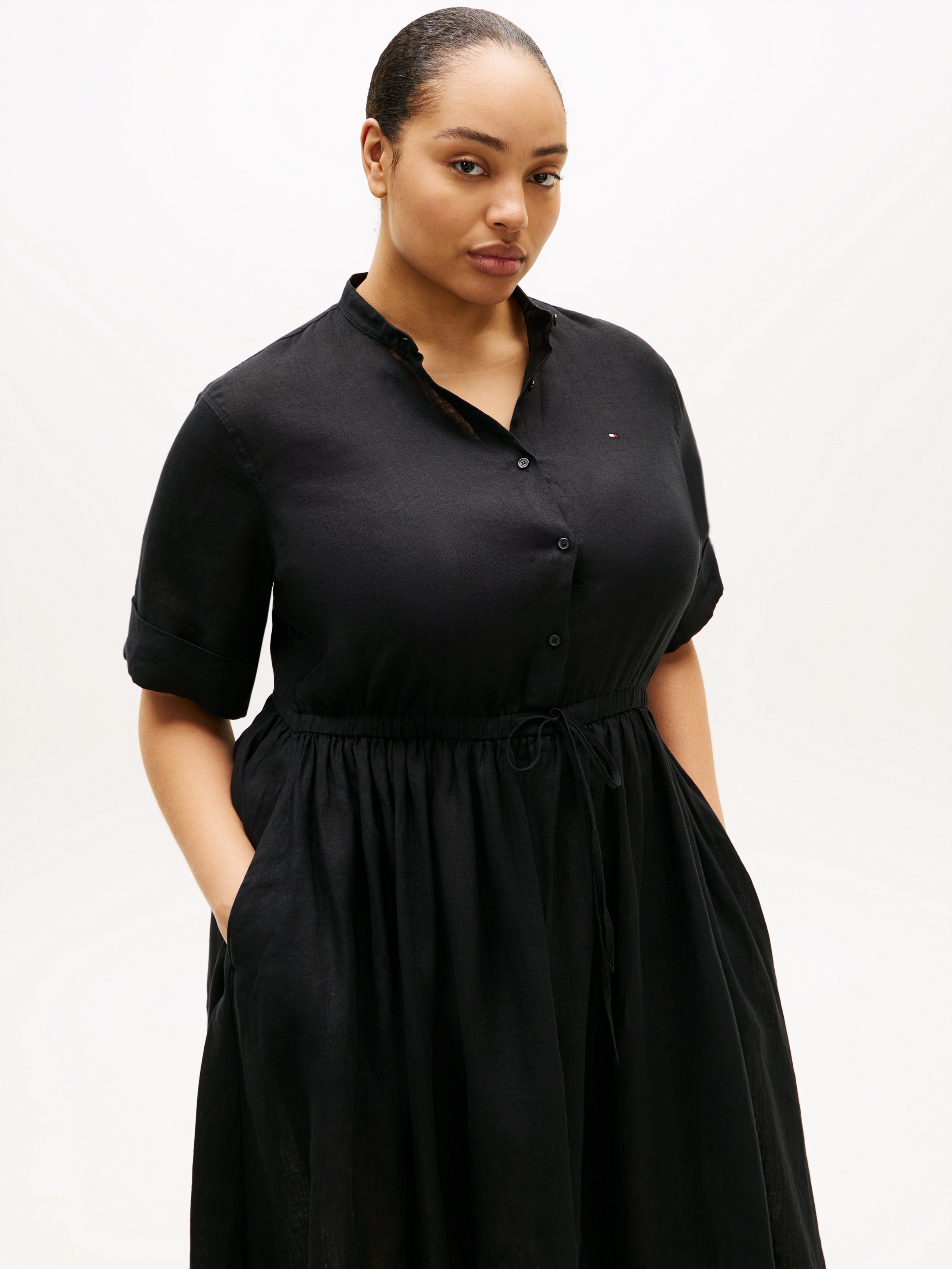 Tommy Hilfiger Curve Midikleid »CRV LINEN MIDI SHIRT DRESS SS« in großen Größen, Taille mit Bindeband