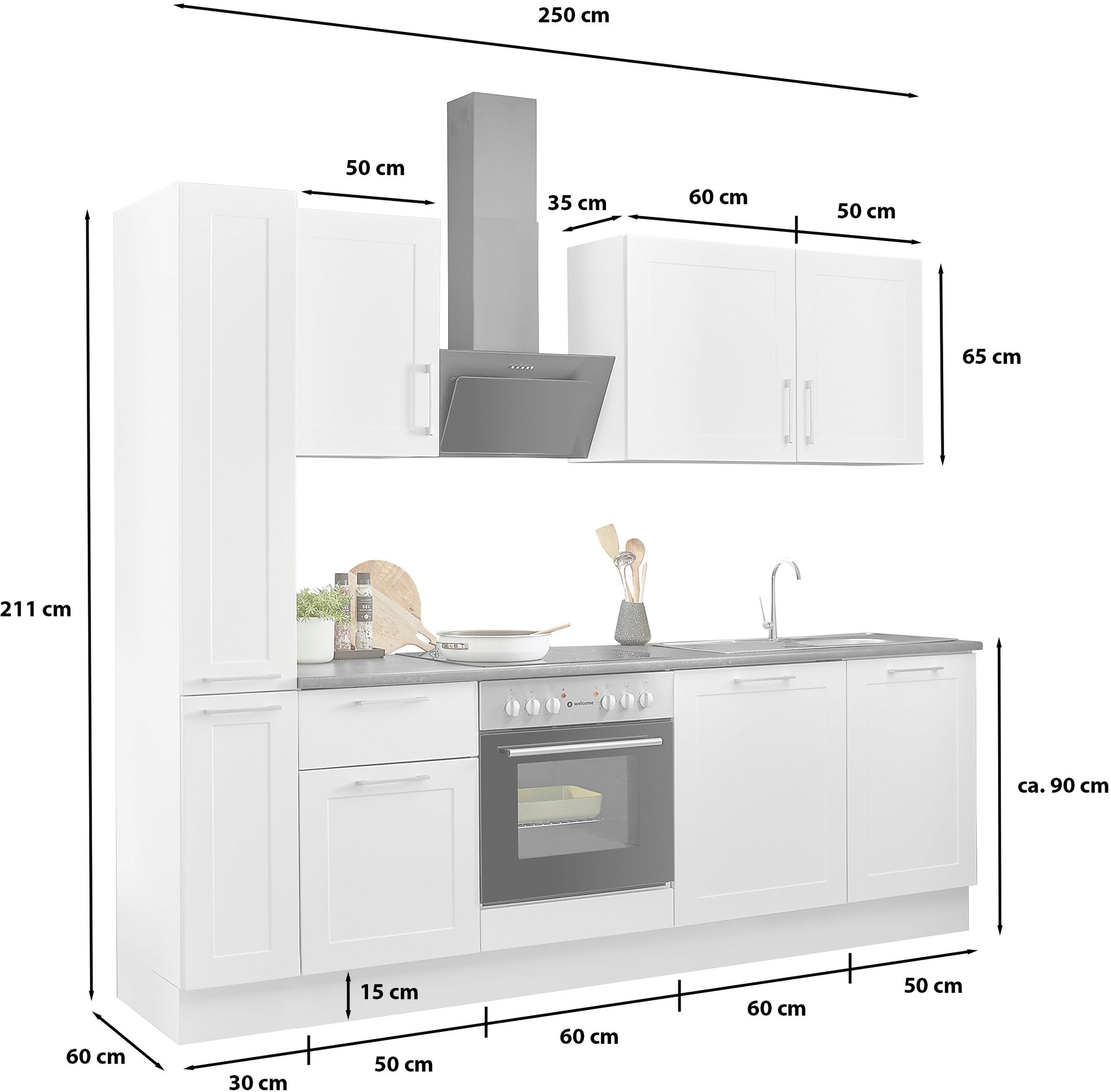 BASIC by Balculina Küchenzeile »Marsi« Breite 250 cm, wahlweise mit E-Geräten, Soft-Close-Funktion