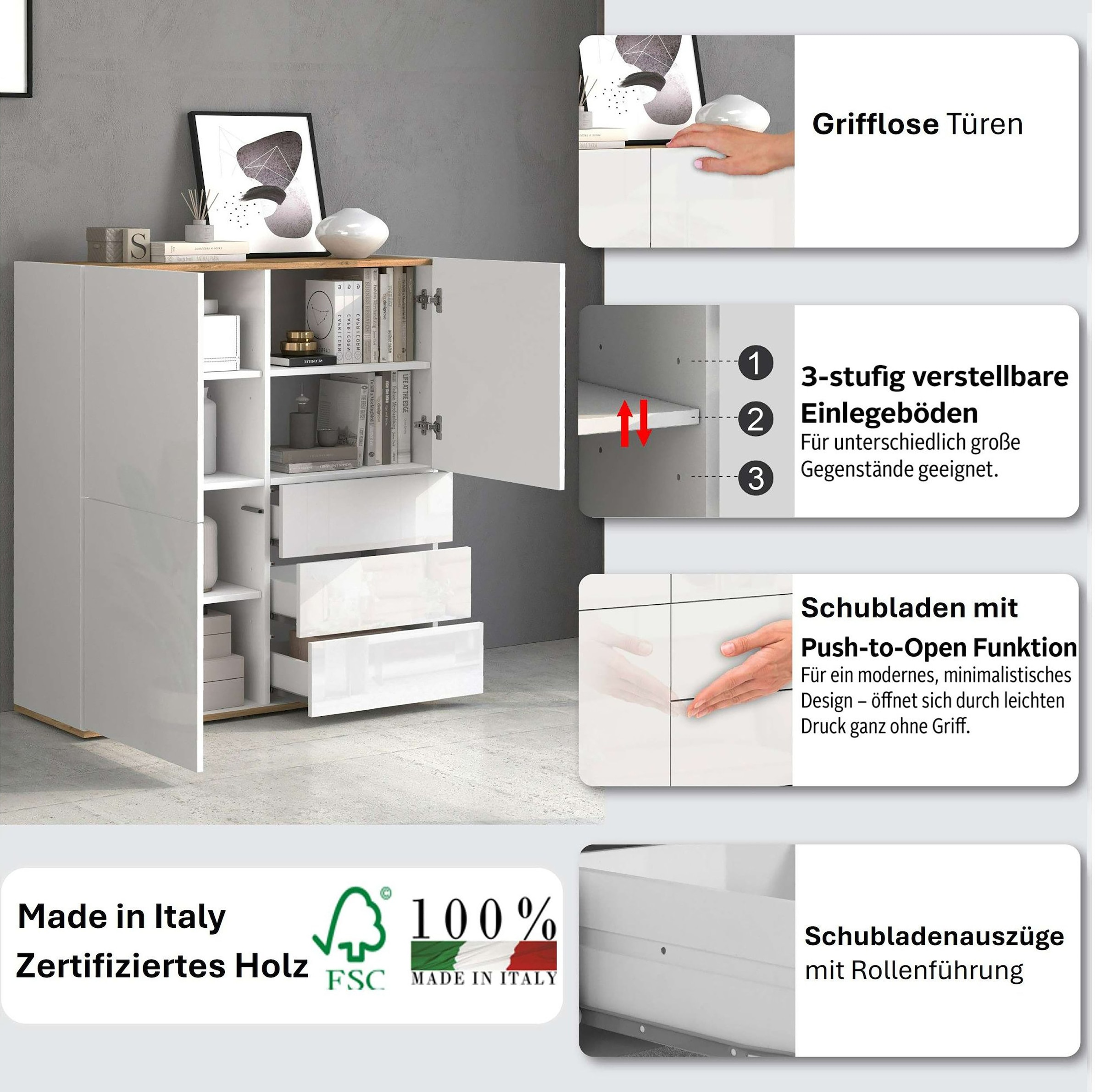 OTTO home Highboard »GARDA ,Kommode, Made in Italy, Breite 102 cm, Höhe 110 cm, grifflos« 1 Stk. tlg. Hochglanzlackierte Fronten, Korpus matt, grifflos
