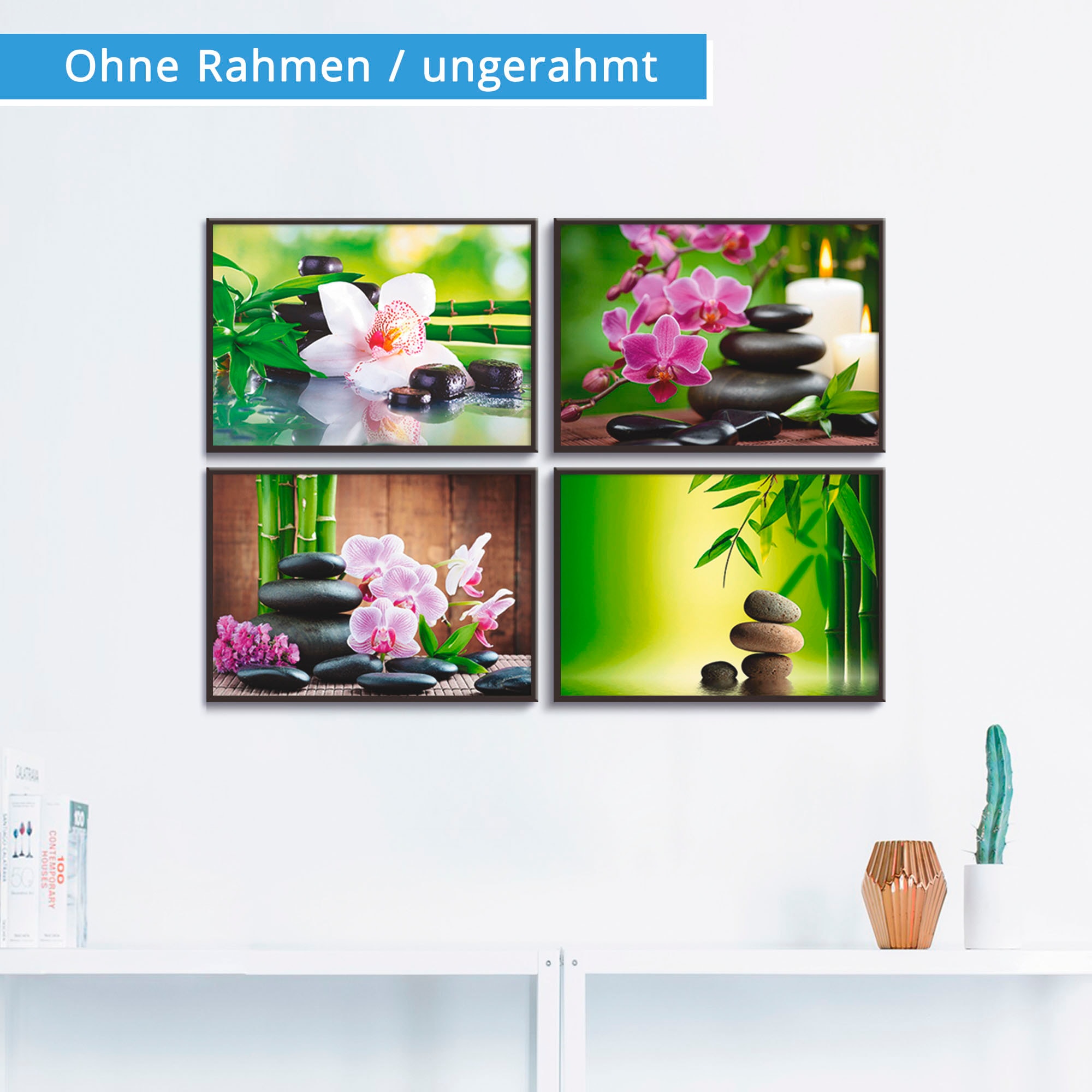 Steine«, Bambus Zen, Artland Wandbild, auf St.), Rechnung Zweige Wandposter »Spa kaufen Poster Bild, (4 Zen Poster,