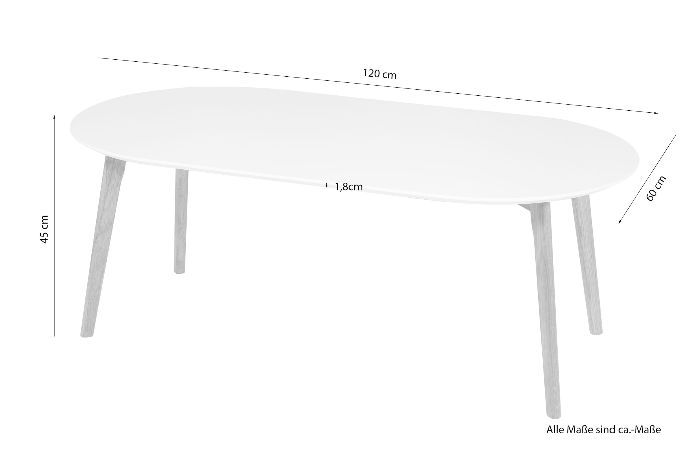 weiß-matt, (B/T/H) bestellen ca. 120/60/45 »Madlina«, Couchtisch in Maße cm Tischpatte auf Rechnung ovale Homexperts