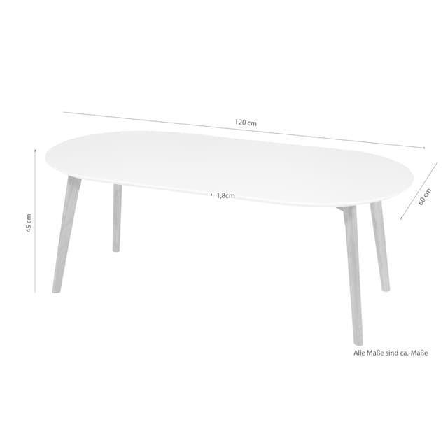 Homexperts Couchtisch »Madlina«, ovale Tischpatte in weiß-matt, Maße  (B/T/H) ca. 120/60/45 cm auf Rechnung bestellen
