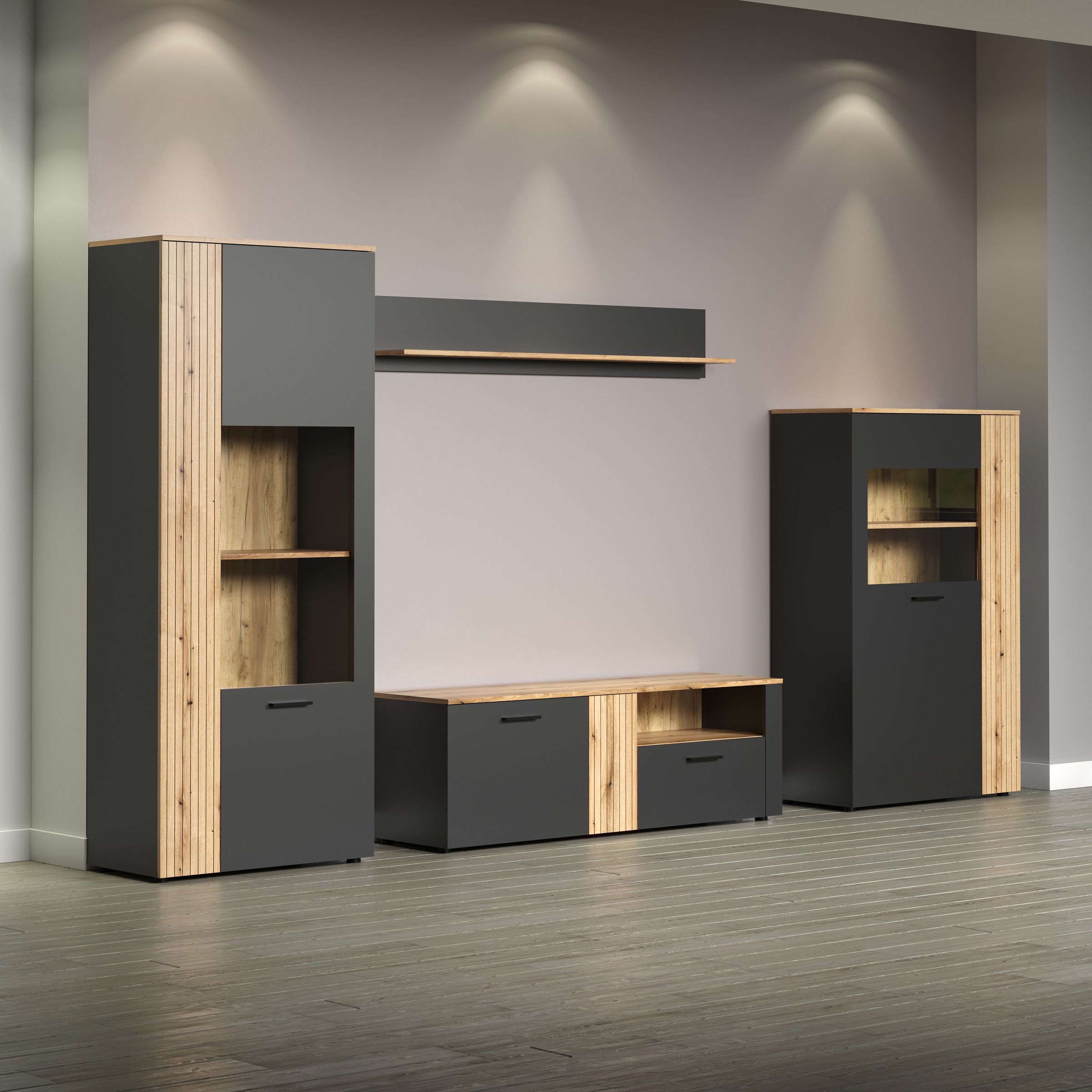 INOSIGN Wohnwand »Estepona«, (Komplett-Set, 4 St.), Wohnzimmermöbel mit Rillenoptik - (B/T/H): 340/42/195 cm