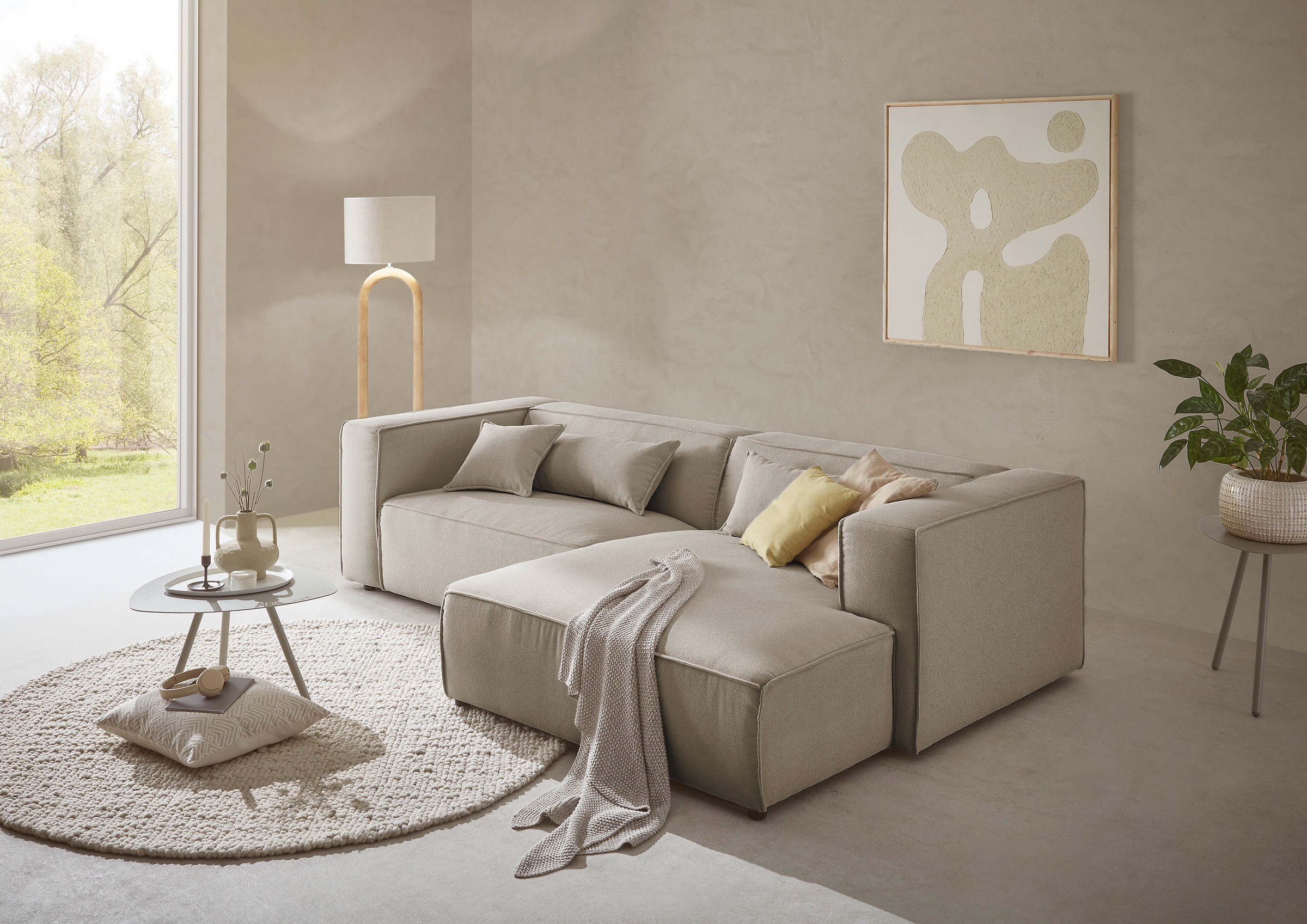 LeGer Home by Lena Gercke Ecksofa »PIARA mit Kedernaht, Cord, Leinenoptik o. Strukturstoff, Couch, L-Form«, wahlweise Ottomane rechts/links, schwarze Füße, bequemer Sitzkomfort