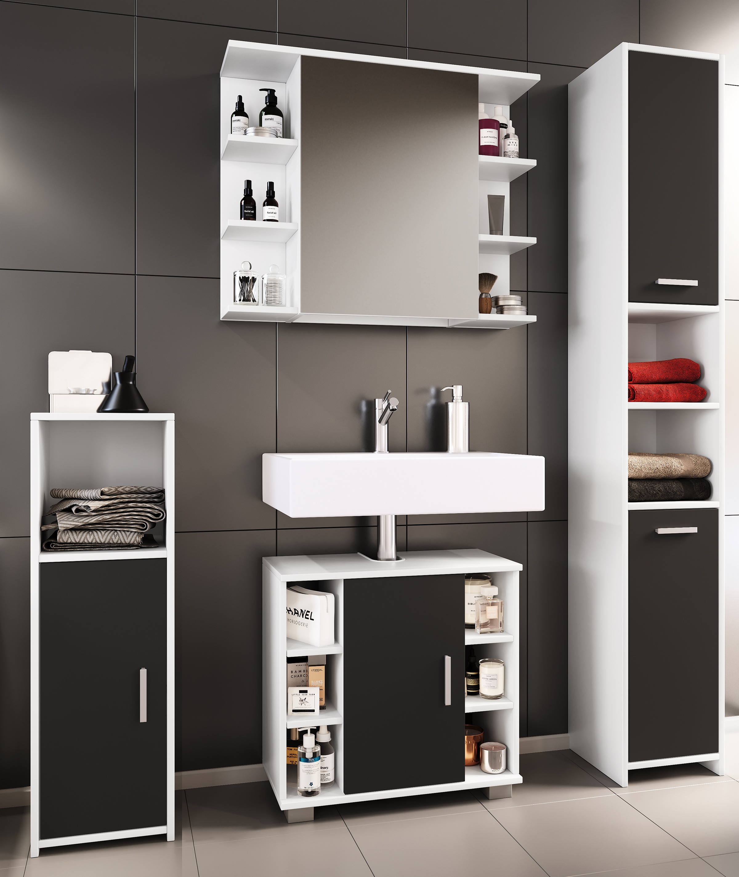VCM Waschbeckenunterschrank »VCM 4-tlg. Badmöbelset | Badmöbel | Set aus Unterschrank, Midischrank, Hochschrank und Spiegelschrank | Badezimmermöbel - Zalo II«, (4 St.)