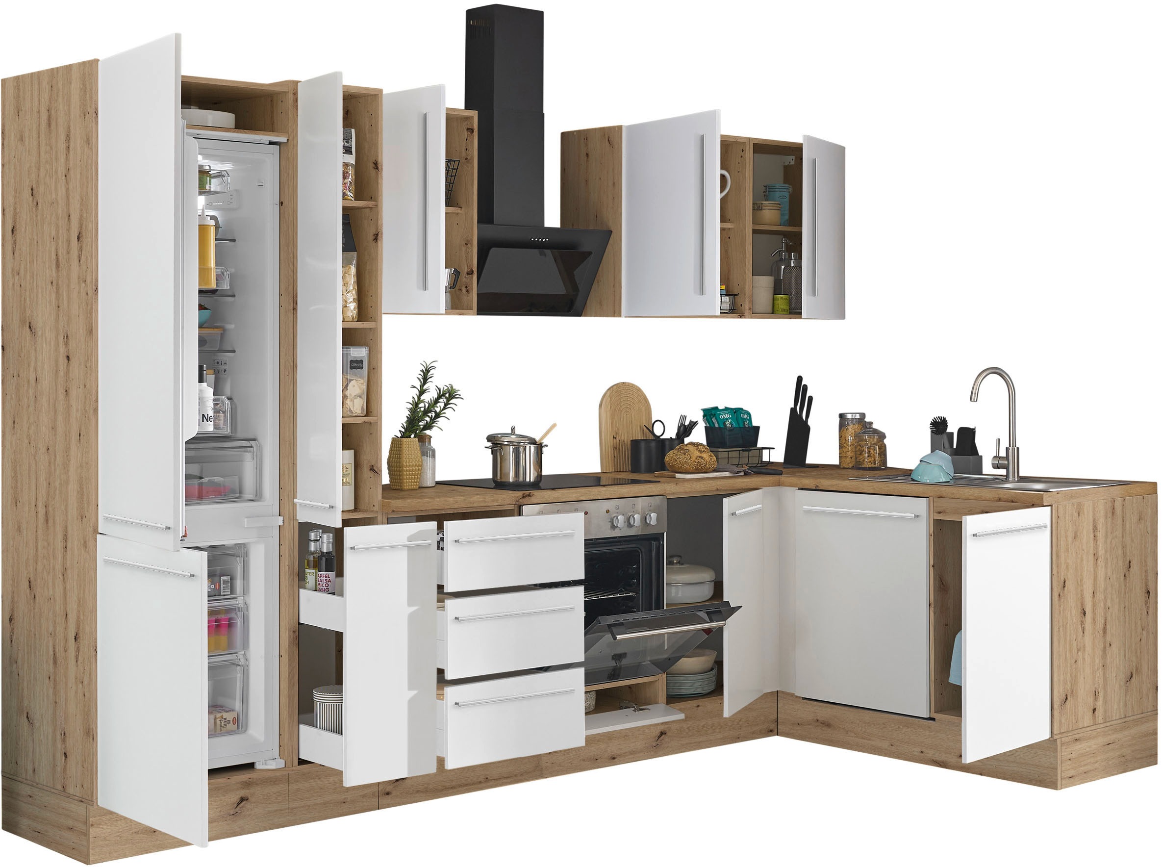 KOCHSTATION Winkelküche »Florida, Stellbreite 310x175 cm« wahlweise mit E-Geräten, mit Softclose für Türen und Schubkästen