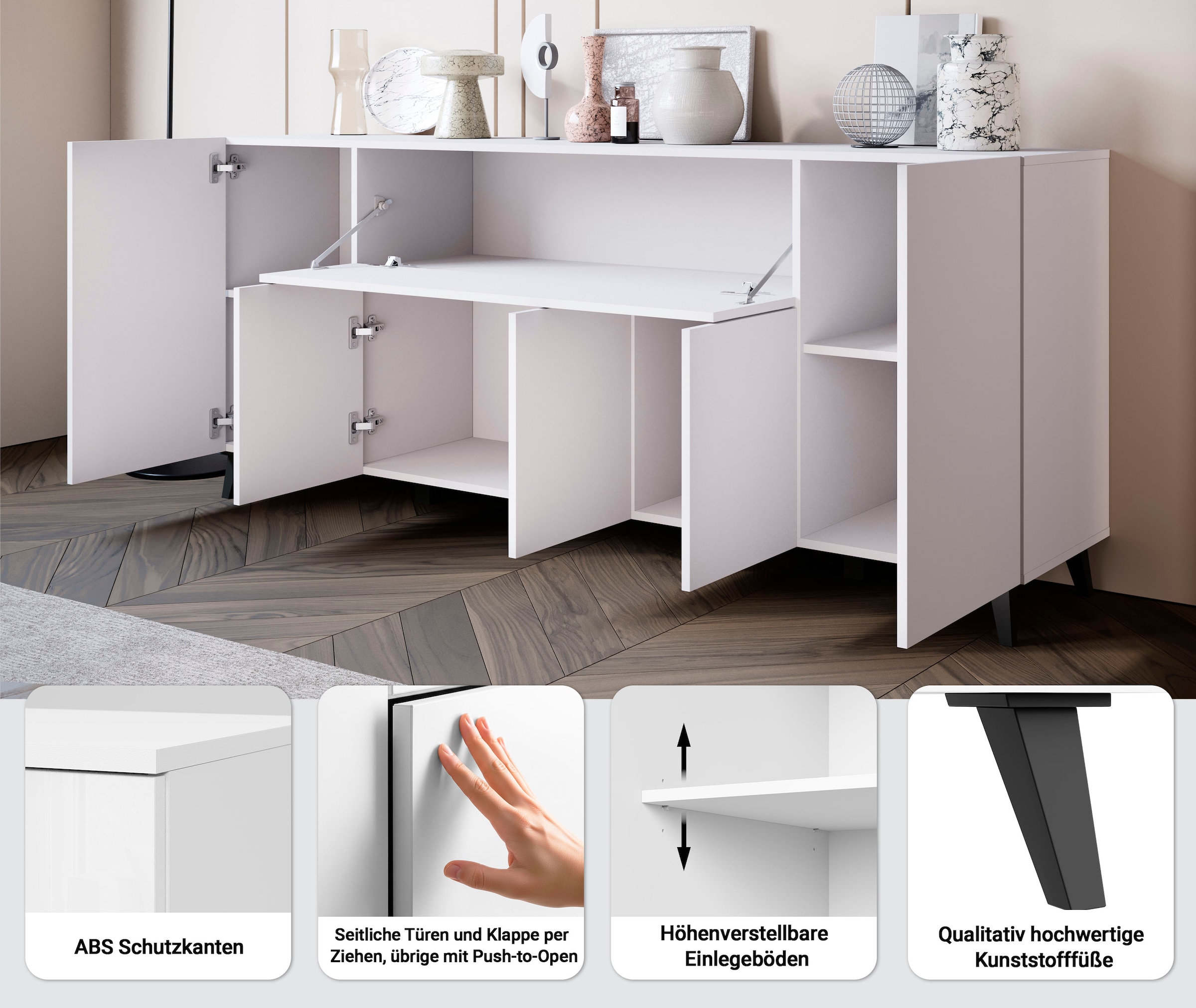Home affaire Sideboard »SIDEBOARD PHUKET II, Stilvolle, grifflose kommode, Breite 180cm« Mit 5 Türen, 1 Klappe, 7 Fächern und höhenverstellbaren Einlegeböden