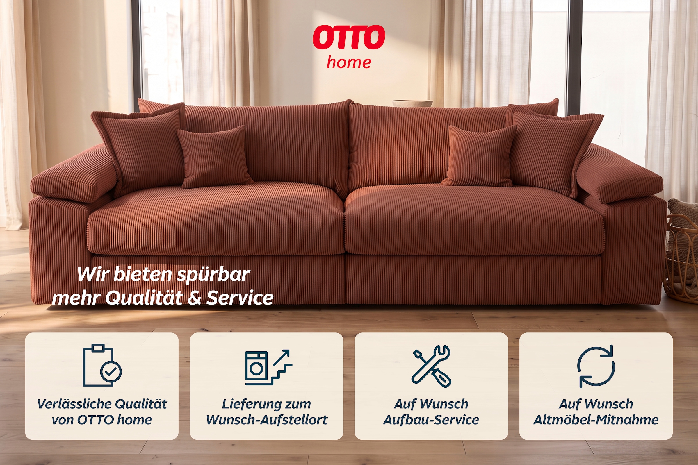 OTTO home Big-Sofa »Soft&Cosy XXL, B: 303 cm - OTTO. Verlässliche Qualität.« Mega-Sofa, Cord oder Chenille-Struktur, mit Federkern & 4 Zierkissen