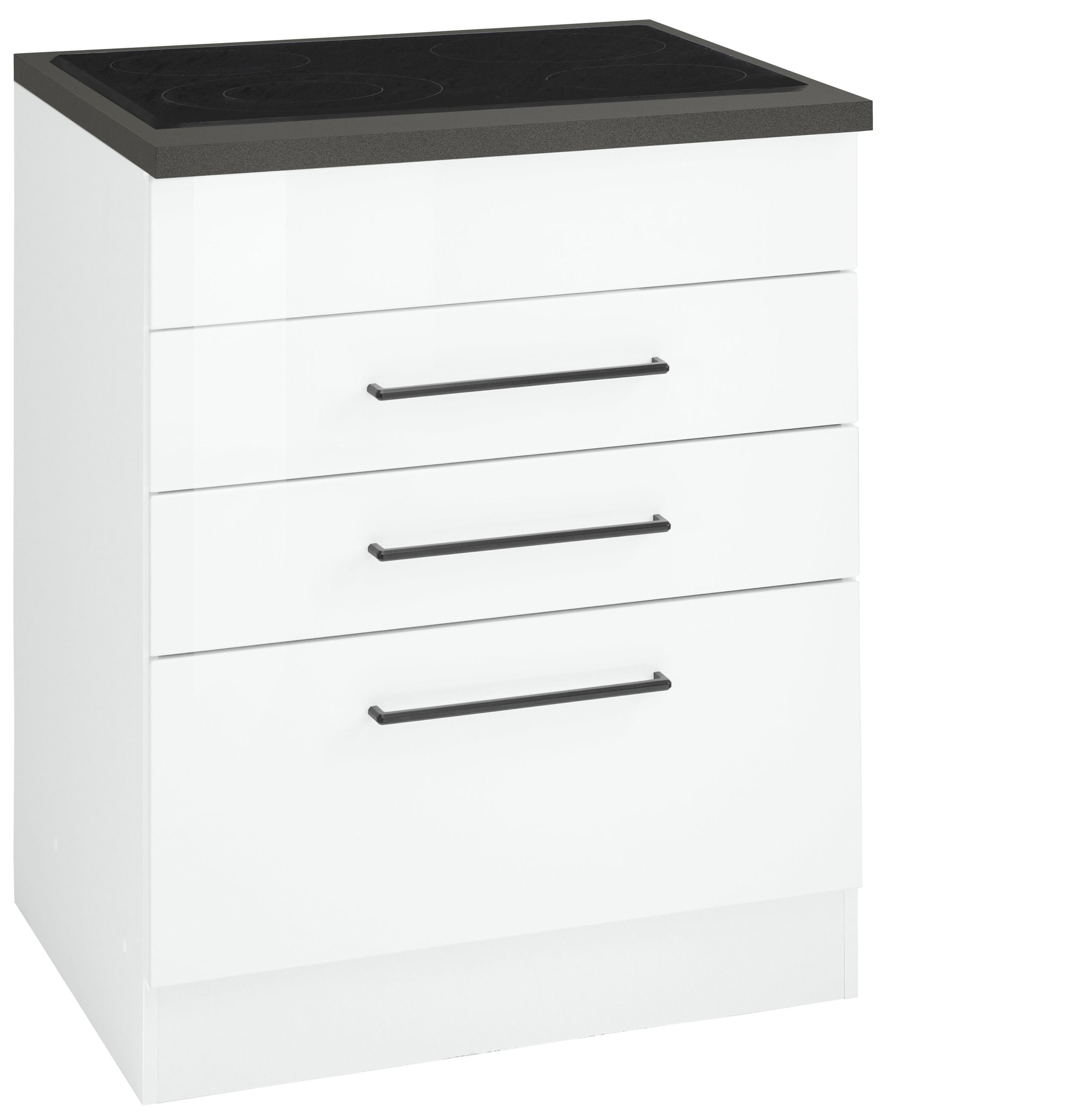 KOCHSTATION Kochfeldumbauschrank »KS-Tulsa« 60 cm breit, 2 Schubladen, 1 großer Auszug, schwarzer Metallgriff