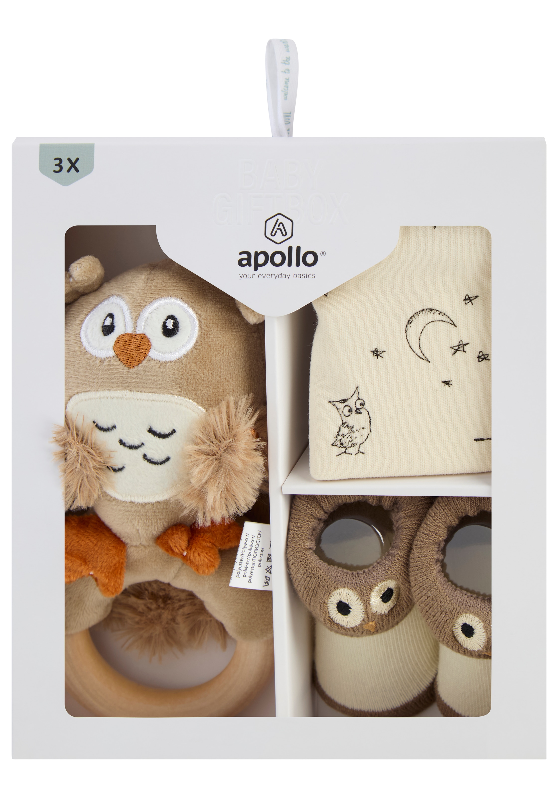 Apollo Neugeborenen-Geschenkset, Babyset, Eule, Lätzchen, Ring, Söckchen