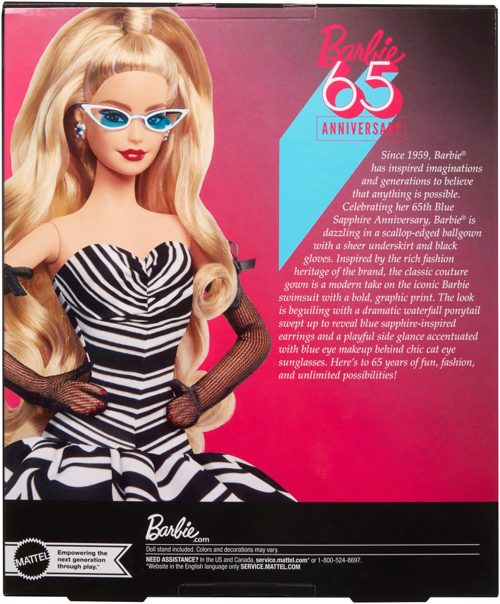 Barbie Anziehpuppe »Barbie Signature, Sammlerpuppe zum 65. Jubiläum mit blonden Haaren«, und schwarz-weißer Robe