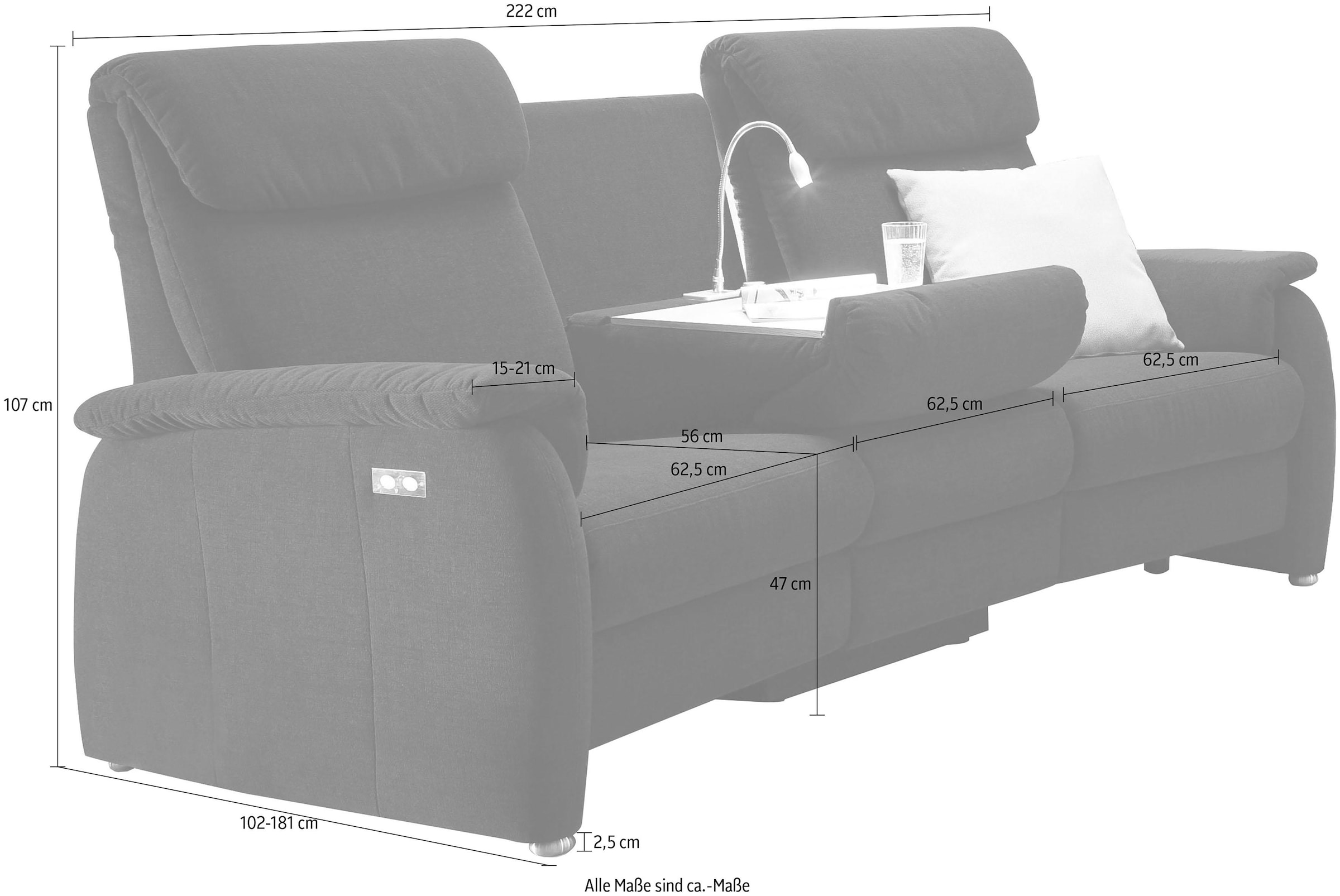 Home affaire Sofa »Turin«, mit motorischer Relaxfunktion, Tisch, Leuchte + USB-Ladestation