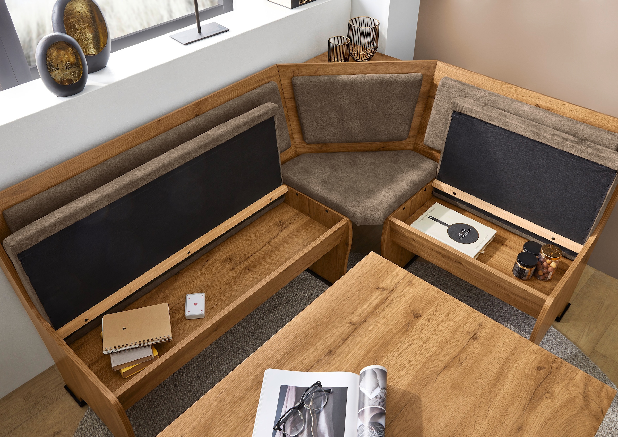 OTTO home Eckbankgruppe »Theo (Set, 4-tlg. Tisch, Bank und 2 Stühle) 2 Farben wählbar« Bank links/rechts montierbar, mit Stauraum, Stühle im 2er Set