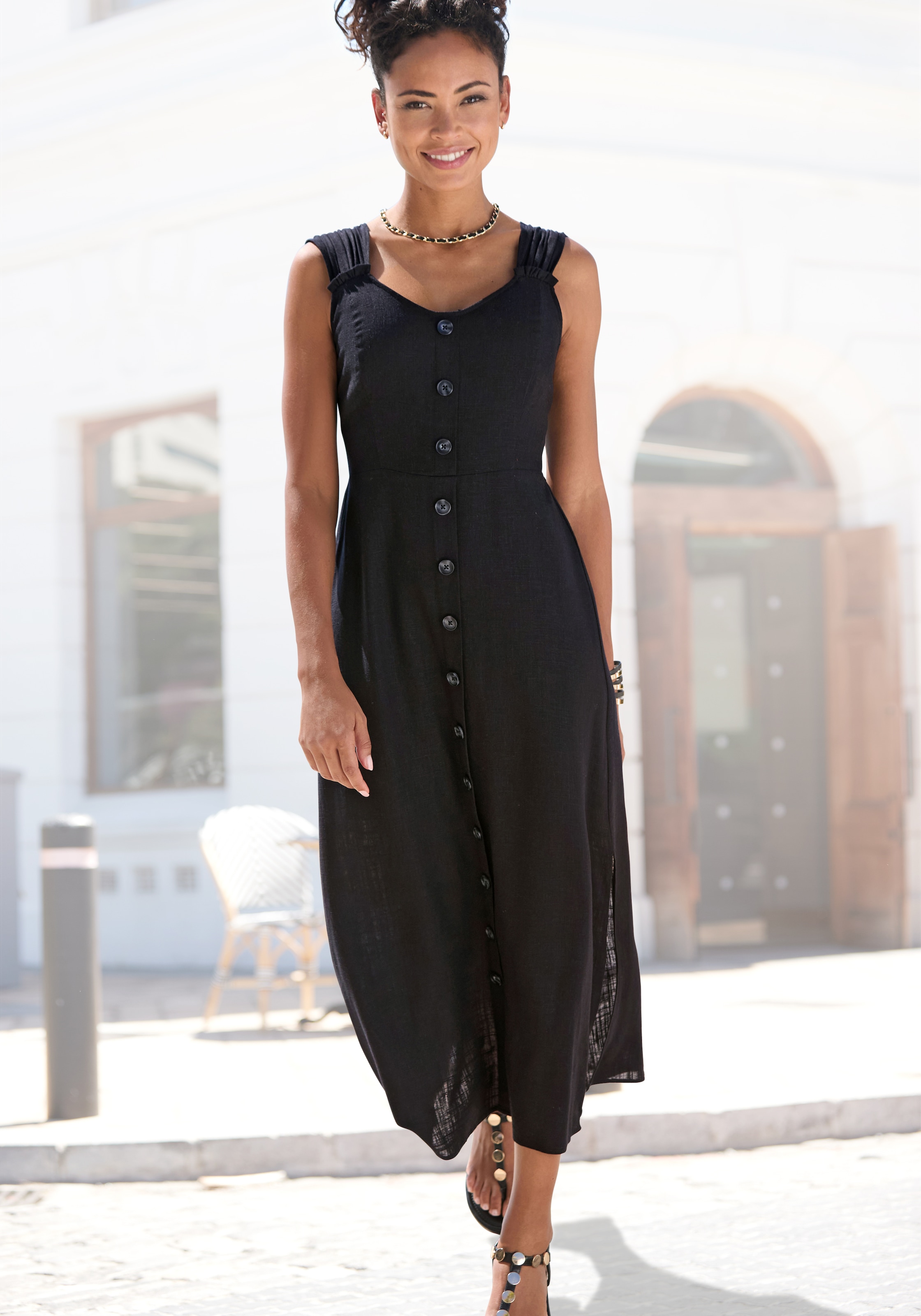 LASCANA Maxikleid »mit breiten Trägern aus Webware mit Leinenanteil« Ohne Taschen Elegantes Sommerkleid, Leinenkleid, Trägerkleid